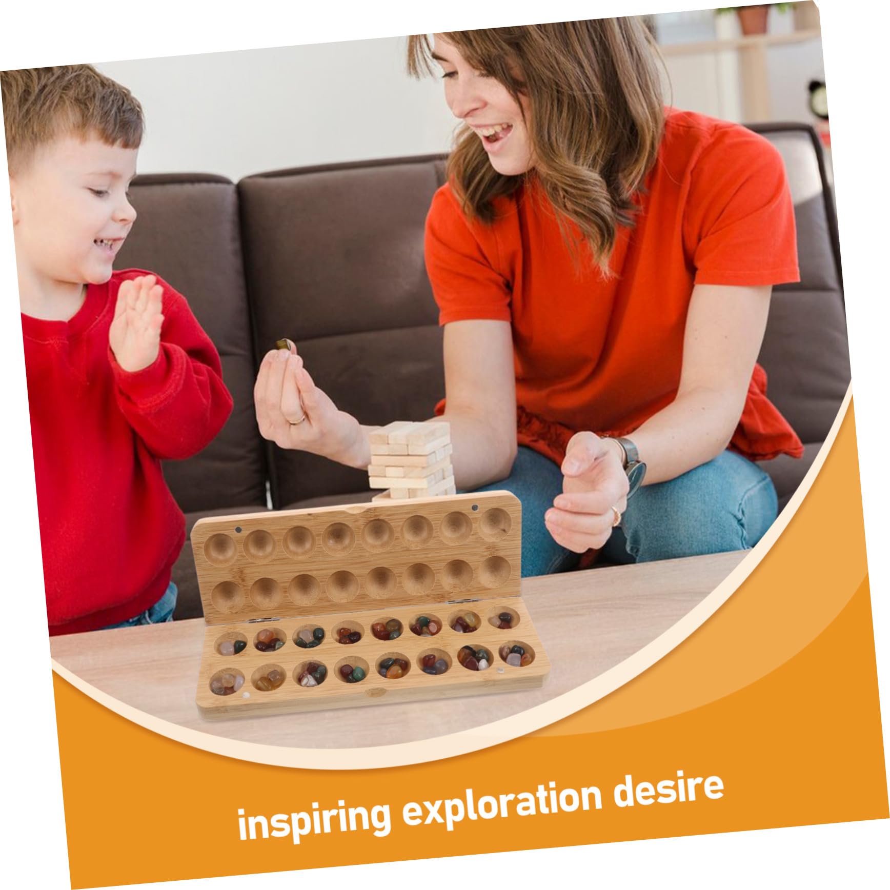 Juego de Mesa Mancala Cuentas y Guijarros para Niños | Bambú y Piedra, 1 Set Portátil, para Aula E Interior, Artesanía Cuidada y Desarrollo del Pensamiento Espacial