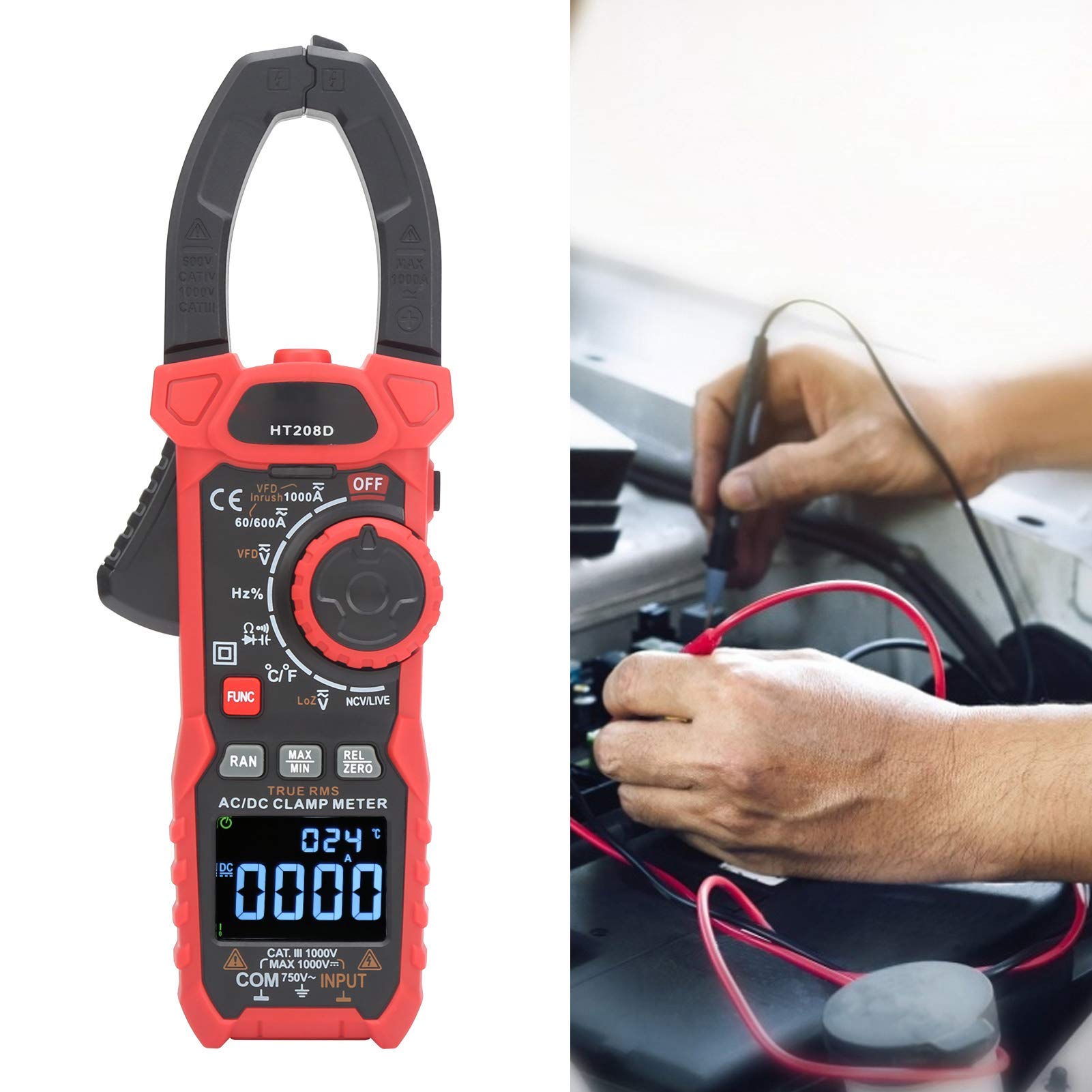HT208D Pinza Amperimétrica True RMS 6000 Recuentos AC/DC Voltaje Corriente 1000V 1000a NCV Multímetro Rango Automático Resistencia de Mano Temperatura Capacitancia Probador de Frecuencia