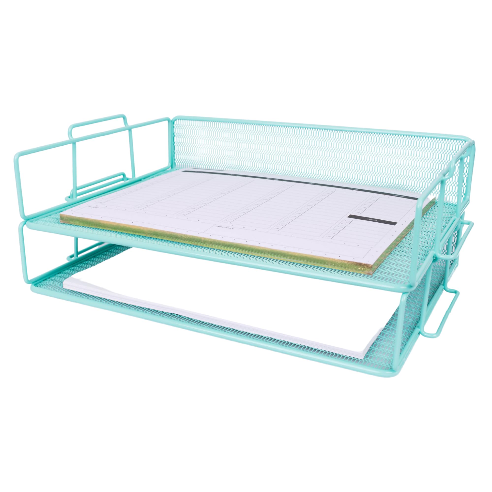 BLU MONACO Aqua Mesh Paper Tray Set of 2 | Stackable Letter Trays for Desk Storage | Metal Document Holder and File Organizer for Home, Office and School | 13” x 9.8” x 5.6” Workspace Organizer