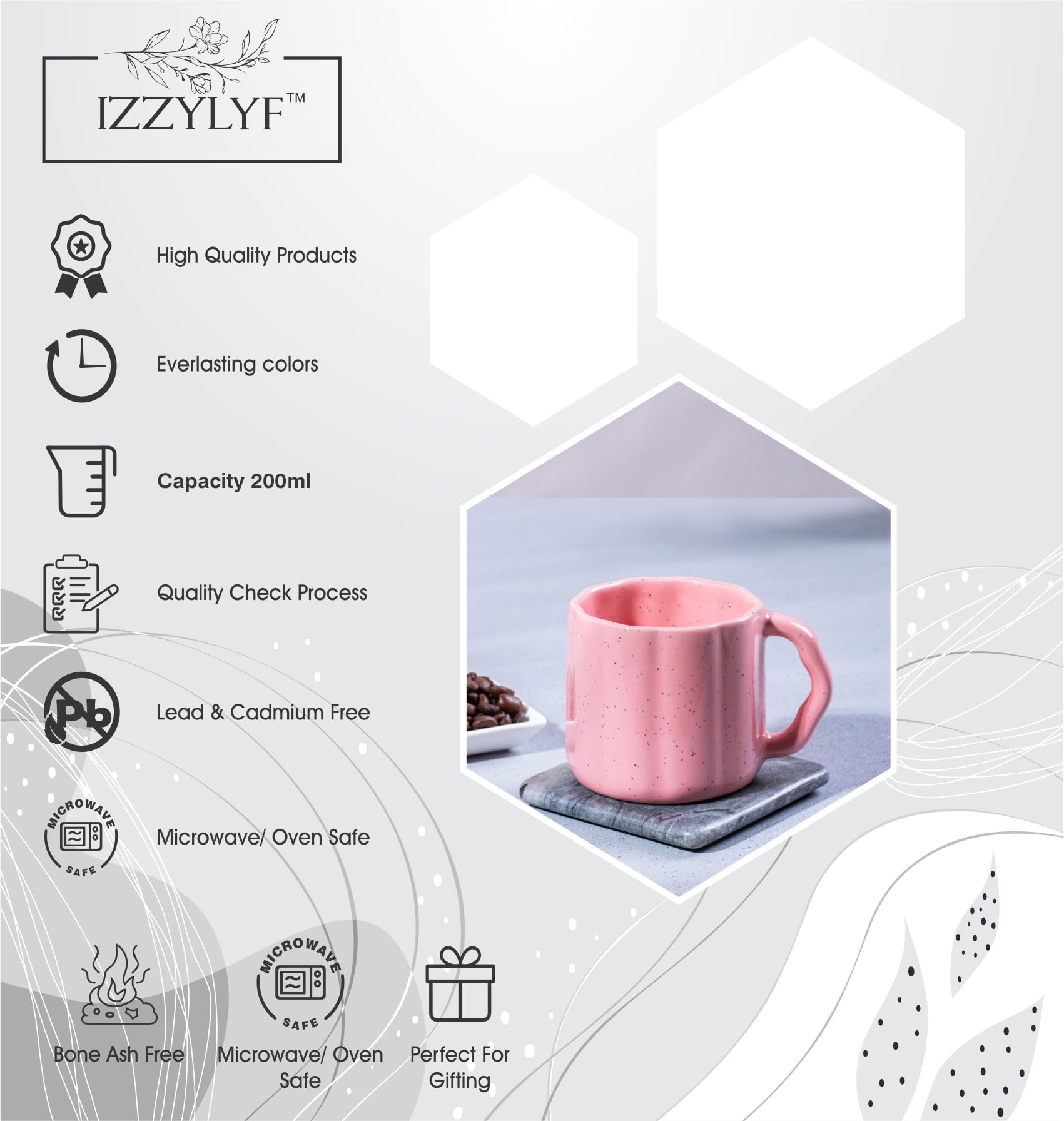 IZZYLYF Blush Pebble Pink Ceramic Tea Cups Set of 6-200 ml Each | Microwave & Dishwasher Safe Tea Cups with Handle for Tea, Coffee & Chai | Ideal for Home, Cafe & Office Use 3