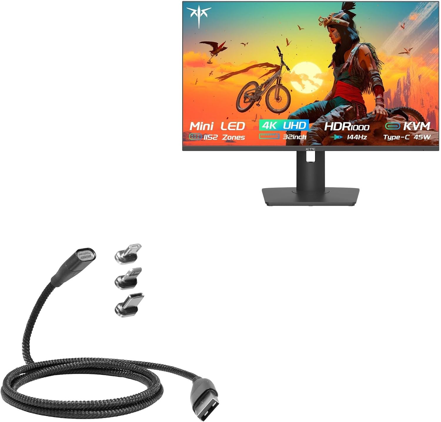BoxWave Cable Compatible with KTC M32P10 Gaming Monitor (32") - MagnetoSnap PD AllCharge Cable (100W), Magnet Charging Braided USB Type-C Micro - Jet Black