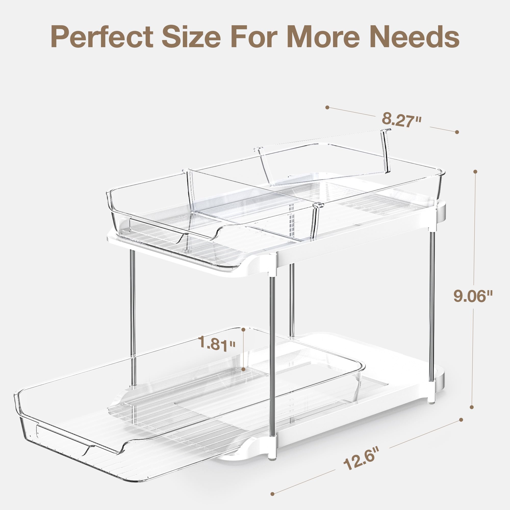 Delamu 2-Tier Multi-Purpose Bathroom Cabinet Organizer, Pull Out Under Sink Organizers and Storage, Stackable Pantry Organization and Storage, Clear Under Cabinet Storage with Movable Dividers