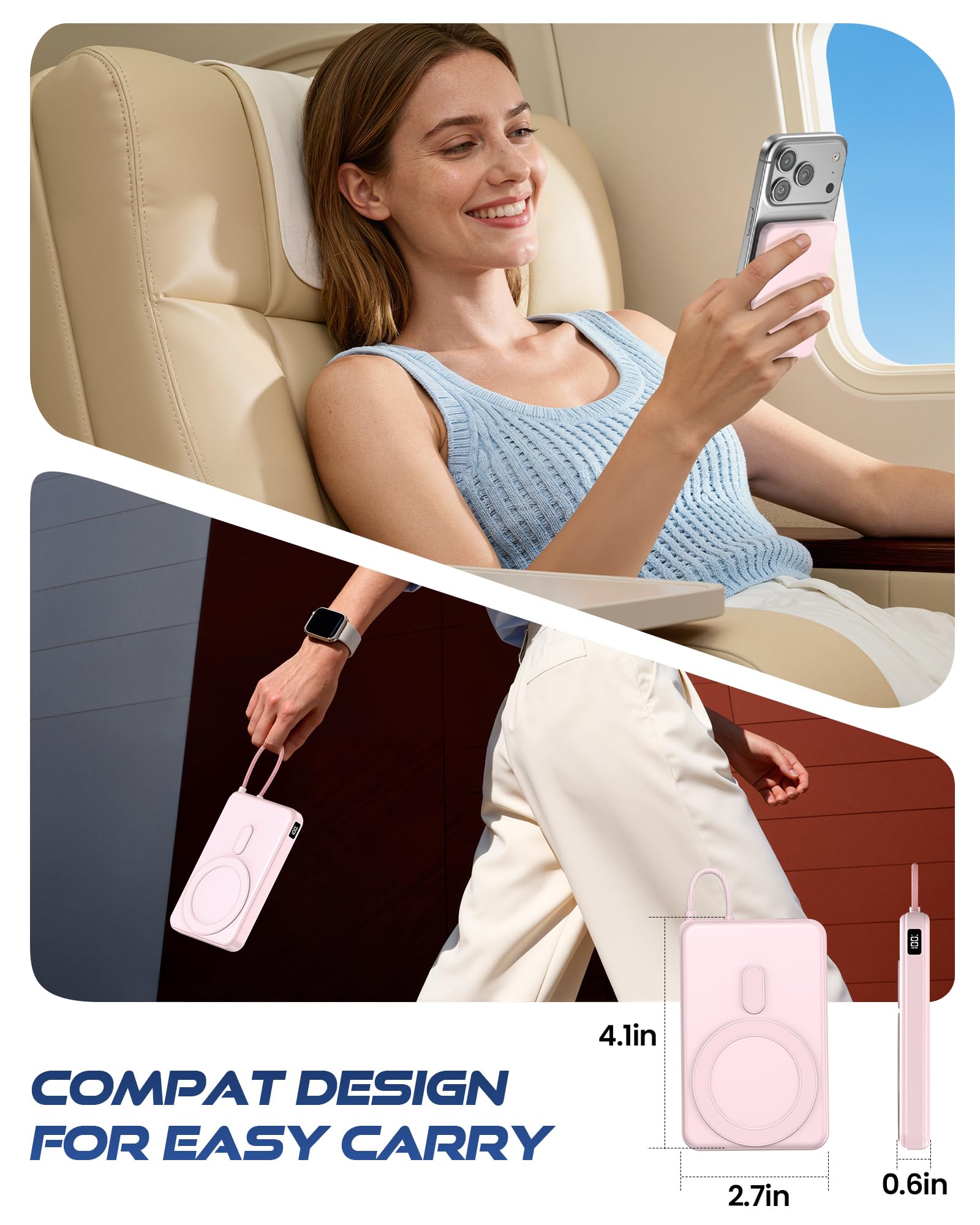 golioklsy Caricabatterie portatile Power Bank, 10000 mAh, caricabatterie per telefono con cavo integrato, ricarica rapida PD da 20 W, batteria sottile con display LED, essenziale da viaggio per iPhone
