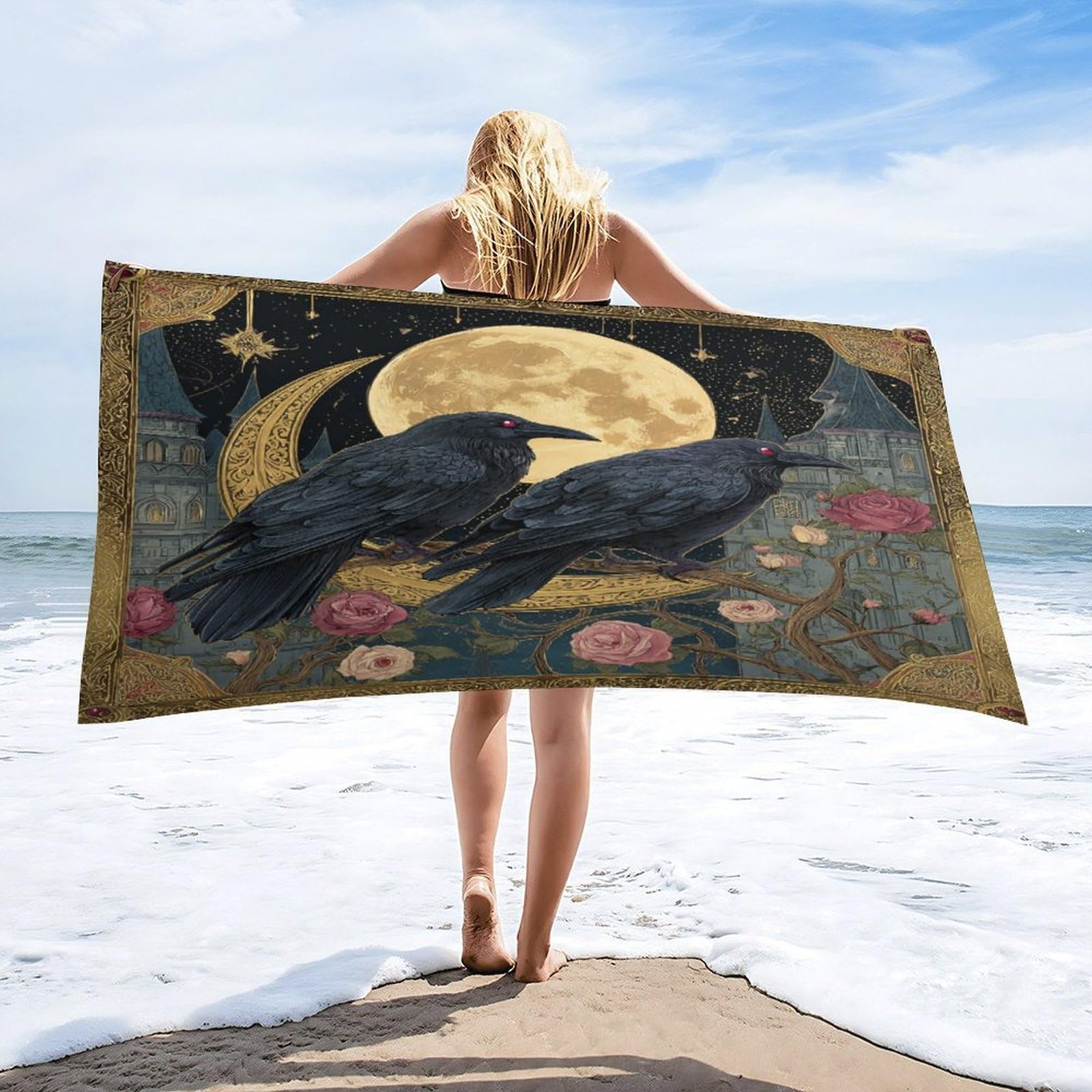 Luyysky Vintage Gothic Animal Raven Quick-Drying Beach Towel, Beautiful Classic Full Moon Starry Sky Galaxy Castle Roses Flowers Travel Vacation Single Sided Pile Bathroom Towels-80 W Cm X 160" L Cm