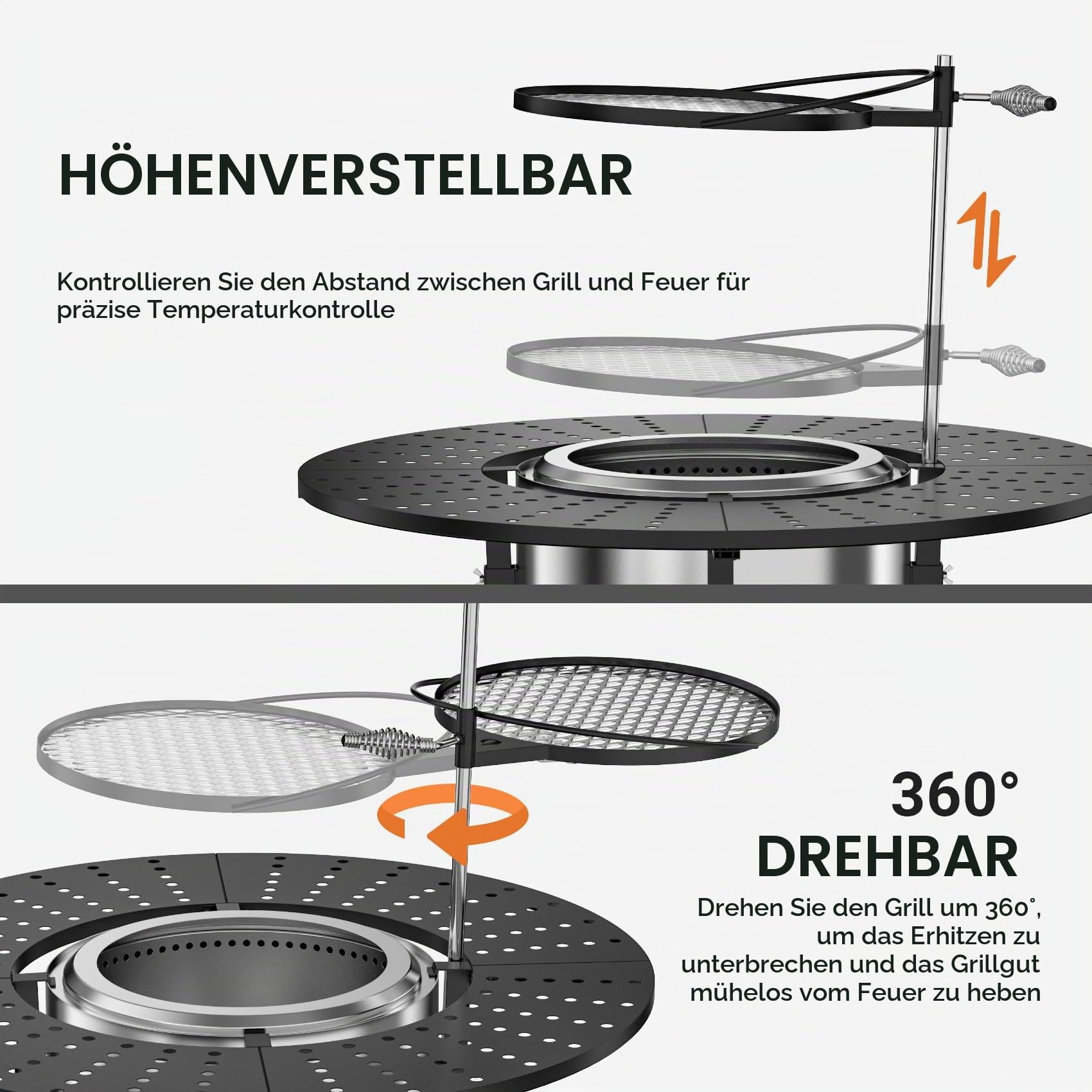 onlyfire 3-in-1 Feuerstelle Surround Tischplatte für Solo Stove Bonfire 49,5cm, Höhenverstellbar & 360° Schwenkbar, Abnehmbar Runde Feuerstellentisch mit Grillrost & Pfanne für Getränke und Speisen