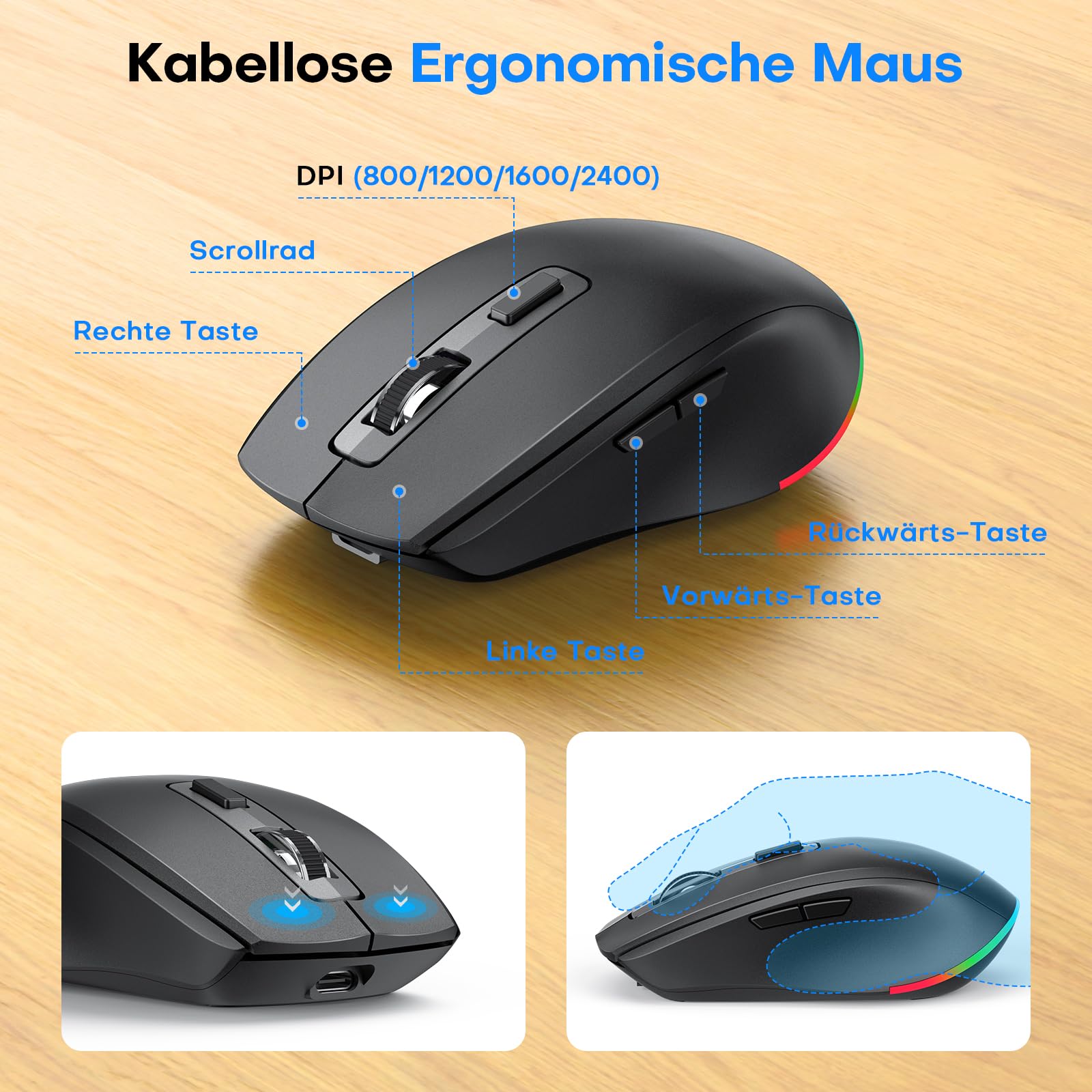 Tastatur Maus Set Kabellos 2,4GHz QWERTZ, OMOTON Beleuchtete Tastatur Leise | Handballenauflage, Ein USB Empfänger für beide Geräte, 4 DPI Maus, Wiederaufladbar, Ergonomische, Windows Linux, Home Office