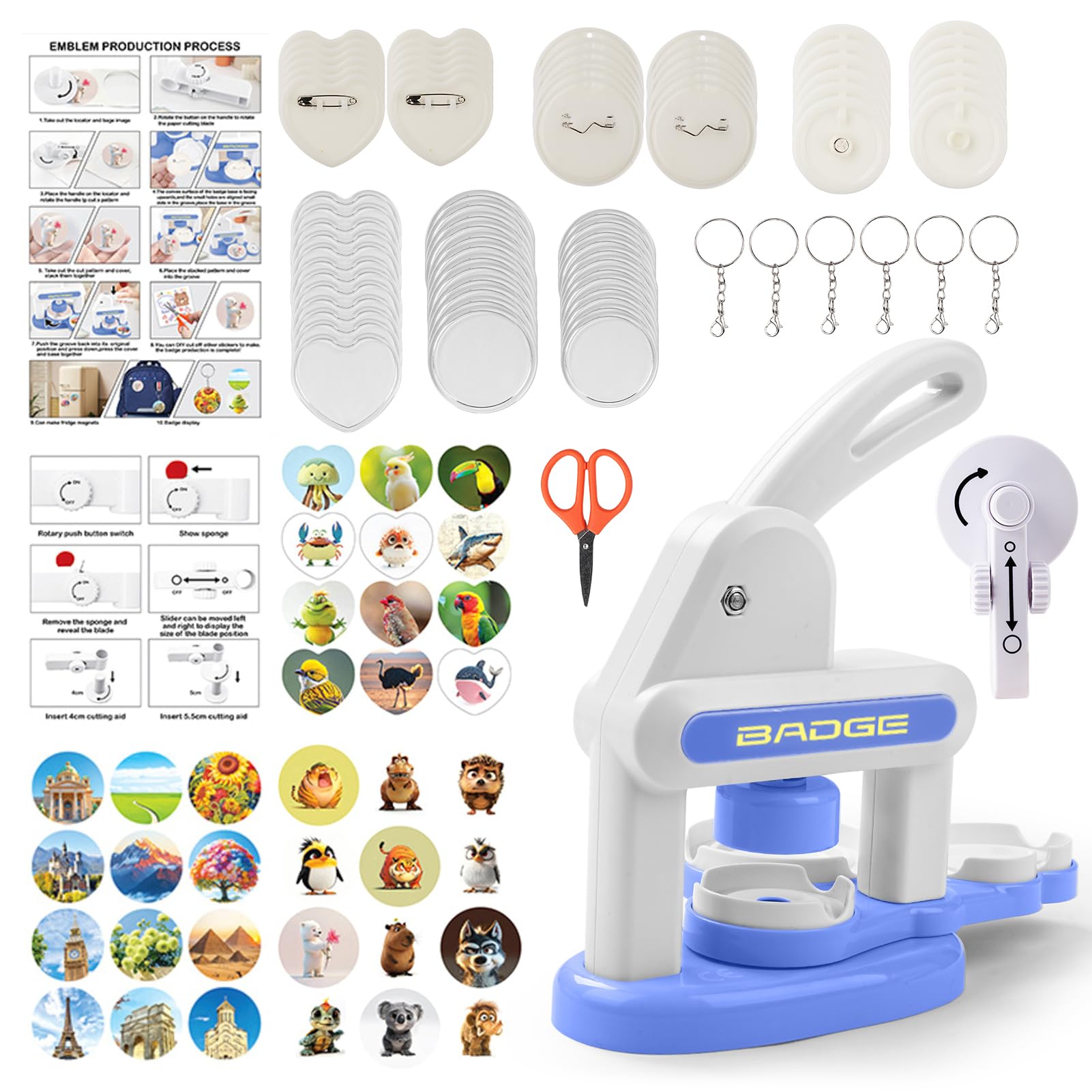 Installation-Free Kids Button Maker Machine, 35mm/55mm DIY DIY Pin Badge Maker Custom Badge Press Kit with with 72pcs Button Parts and 3 Stickers for Children Craft & Personalized Gifts, Blue
