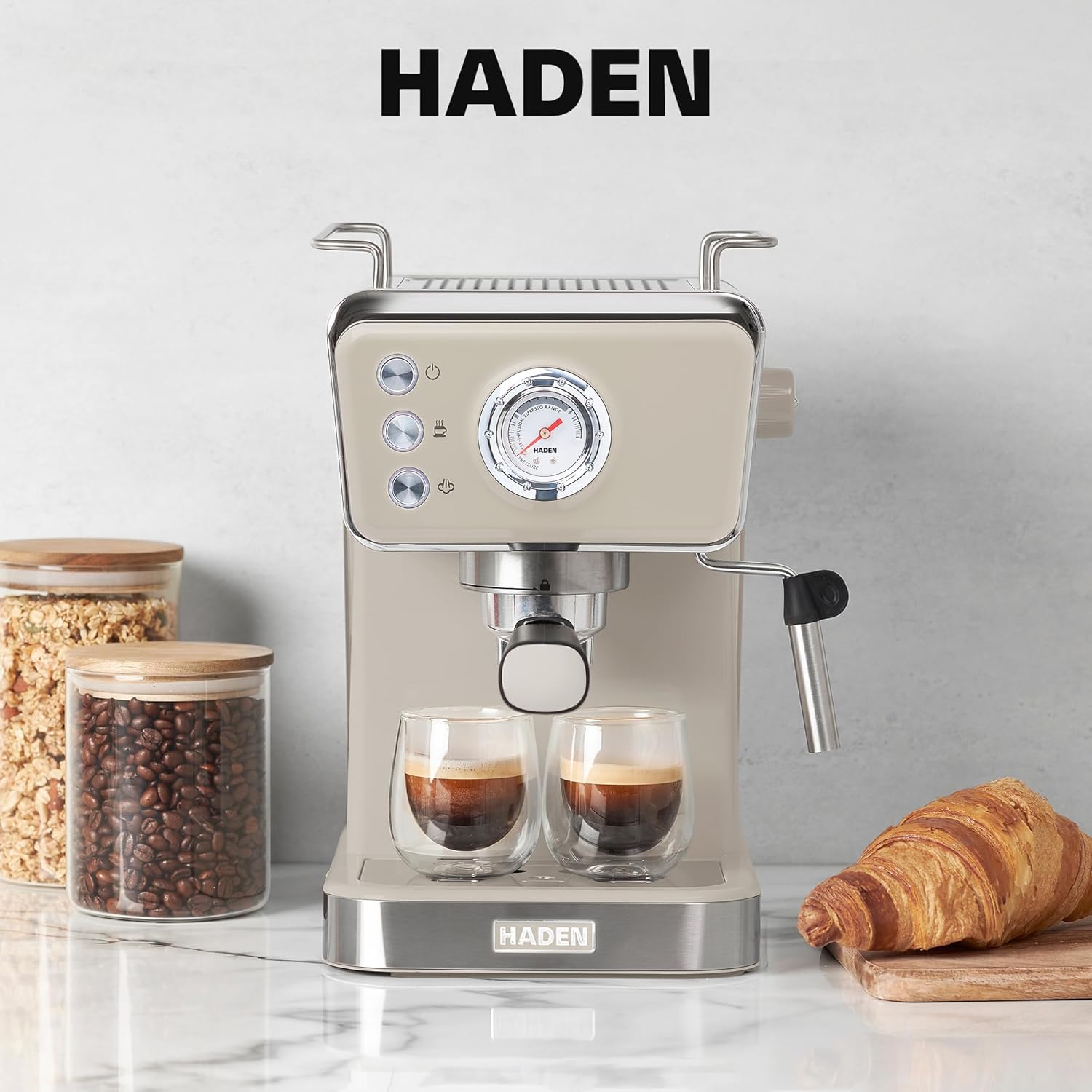 HADEN Barista Brew Espresso Coffee Machine, Stainless Steel Espresso Maker with Milk Frother and Steamer Function and 1.5L Water Tank, Putty & Copper