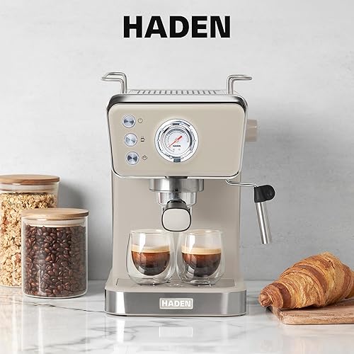 Miniatura 7 de HADEN Barista Brew - Cafetera de café expreso, de acero inoxidable con espumador de leche y vaporizador y tanque de agua de 1.5 L, masilla y cobre