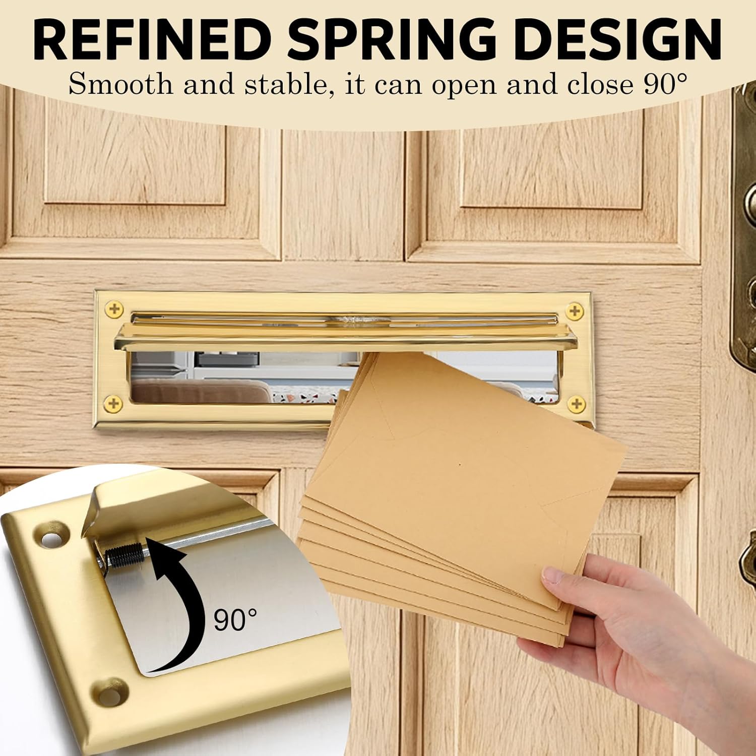 1 Pack Solid Brushed Mail Slot with Solid Interior Frame Set 13" x 3.7" Door Mail Slot Catcher Mailbox Door Replacement for Wall(Gold,Brass)