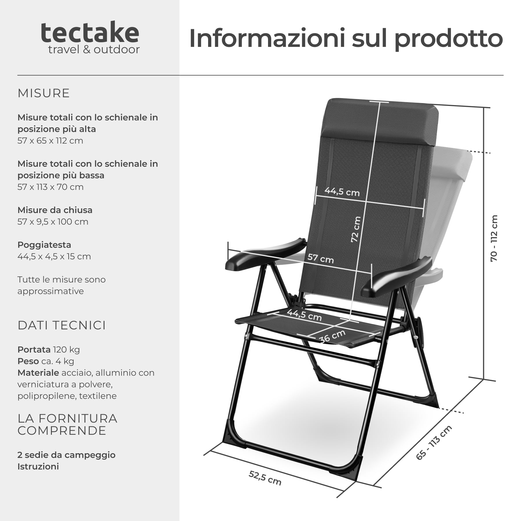 tectake® Set 2 Sedie Campeggio Pieghevoli, Schienale Regolabile 7 Posizioni, Alluminio Inossidabile, Textilene Traspirante, Braccioli Ergonomici, Cuscino Poggiatesta Rimovibile Antiscivolo - Antracite