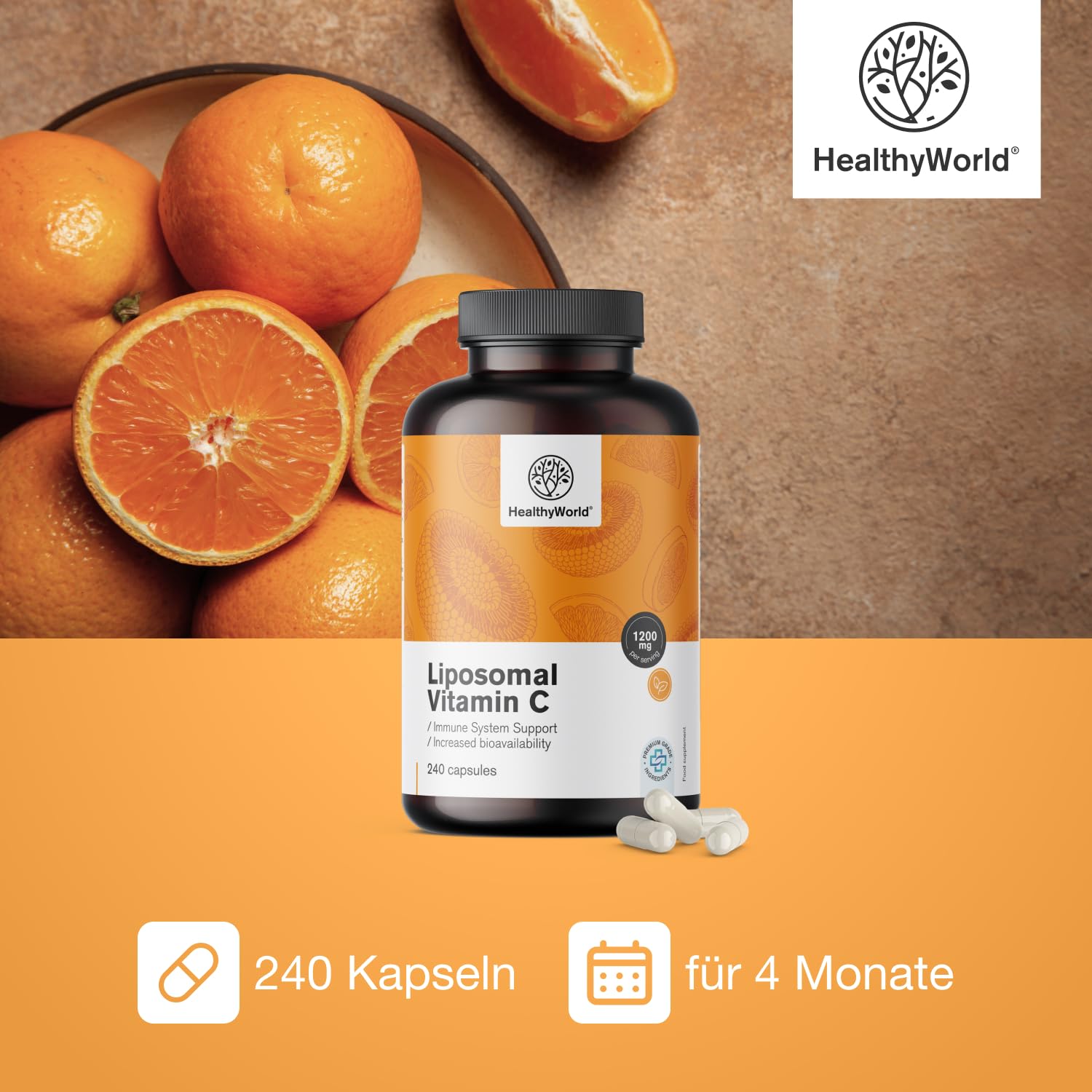 HealthyWorld Liposomales Vitamin C - 240 Pflanzenkapseln - 1200 mg Vitamin C pro Tag - mit Hagebutte und Sonnenblumen - Phospholipid-Komplex - 4-Monats-Vorrat - hohe Bioverfügbarkeit