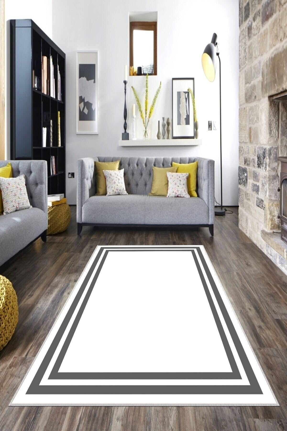 Pelangi Beyaz Zemin Gri Çerçeveli Yıkanabilir Kaymaz Taban Leke Tutmaz Modern Salon Halısı Ve Yolluk, Beyaz 160 x 350, 7457102716035005