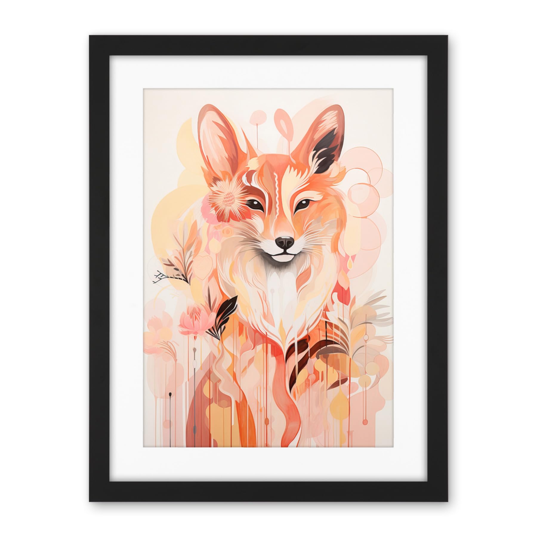 Artery8 Floral Fox Spirit Animal Boho Calm Pastel Colour Artwork Orange Pink Abstract Woodland Creature Flowers Artwork Framed Wall Art Print 18X24 Inch