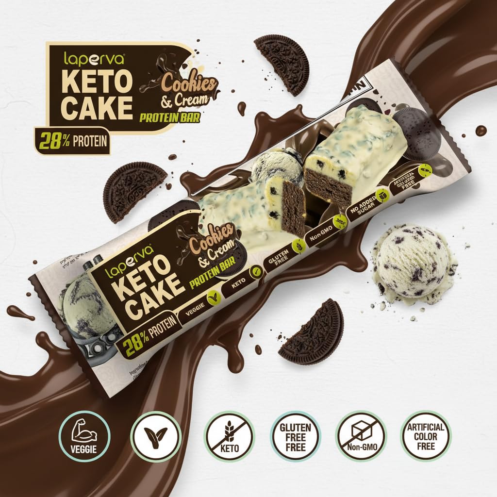 Laperva Keto Cake Barre Protéinée 28% Protéines Cookies & Cream, Snack Keto Low Carb, Végétarien, Sans Gluten, Sans Sucre Ajouté, Riche en Fibres, Non OGM, 18 Barres