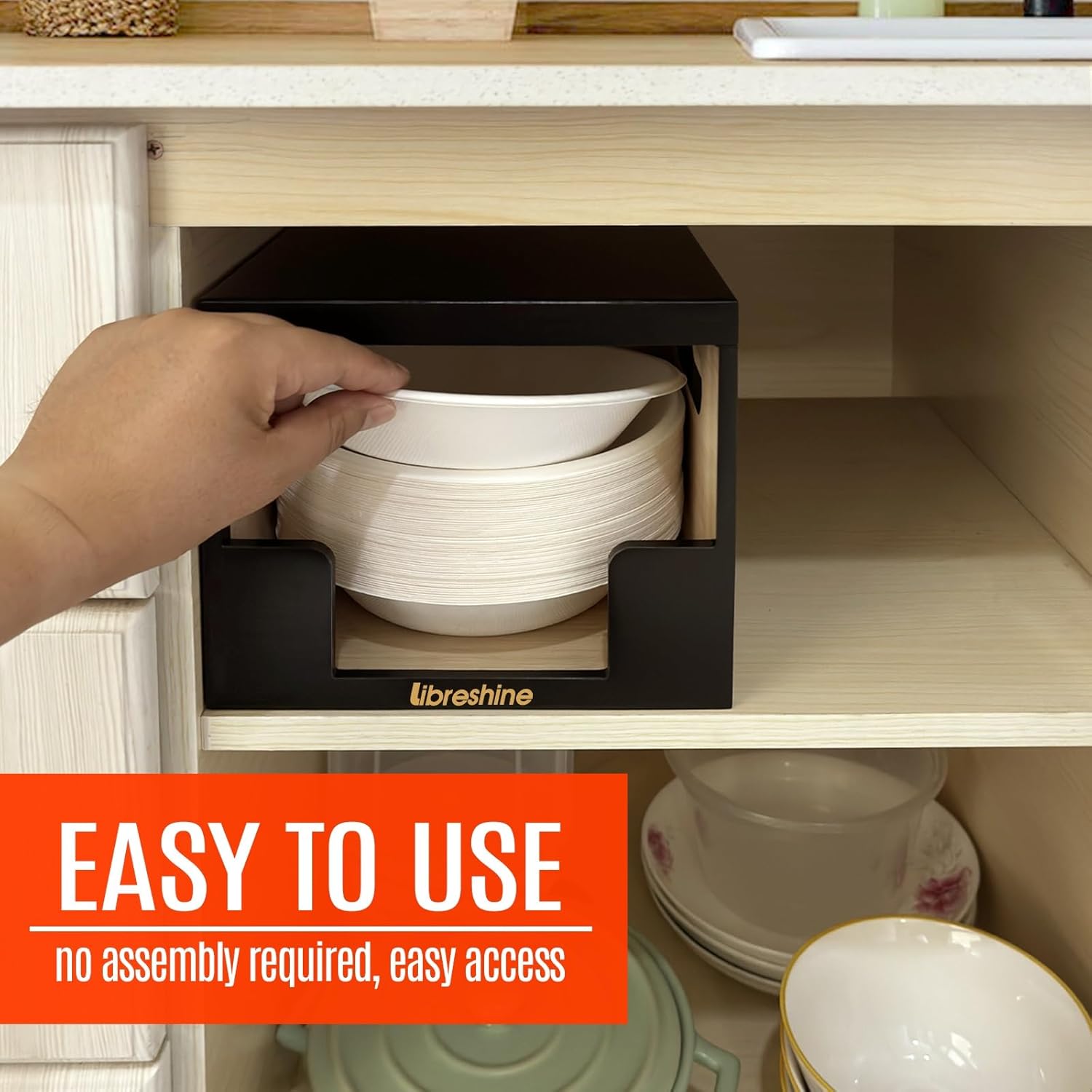 Paper Bowl Holder Dispenser Black – Bamboo Organizer for 90+ 8-32 oz Disposable Bowls – Space-Saving Kitchen, Office, RV, Picnic Storage | Stackable Design, Countertop & Cabinet Friendly