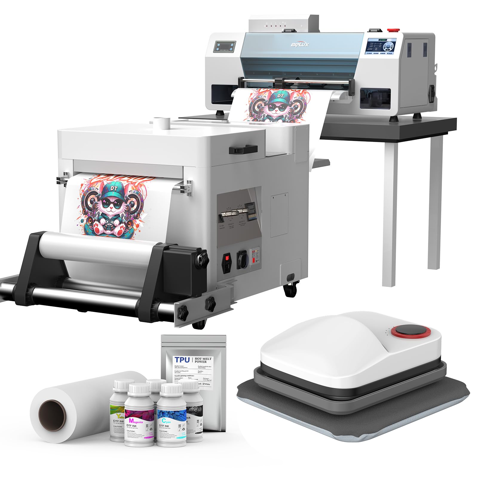 EXPLUX A3 Size DTF Printer,200% High-Speed with i3200 Printhead &amp; Anti-Clogging Tech for Crisp &amp; Vibrant T-Shirt, Textile Designs,Gift Ink 2 Year (A3 Printer+Powder Shaker+Heat Press)