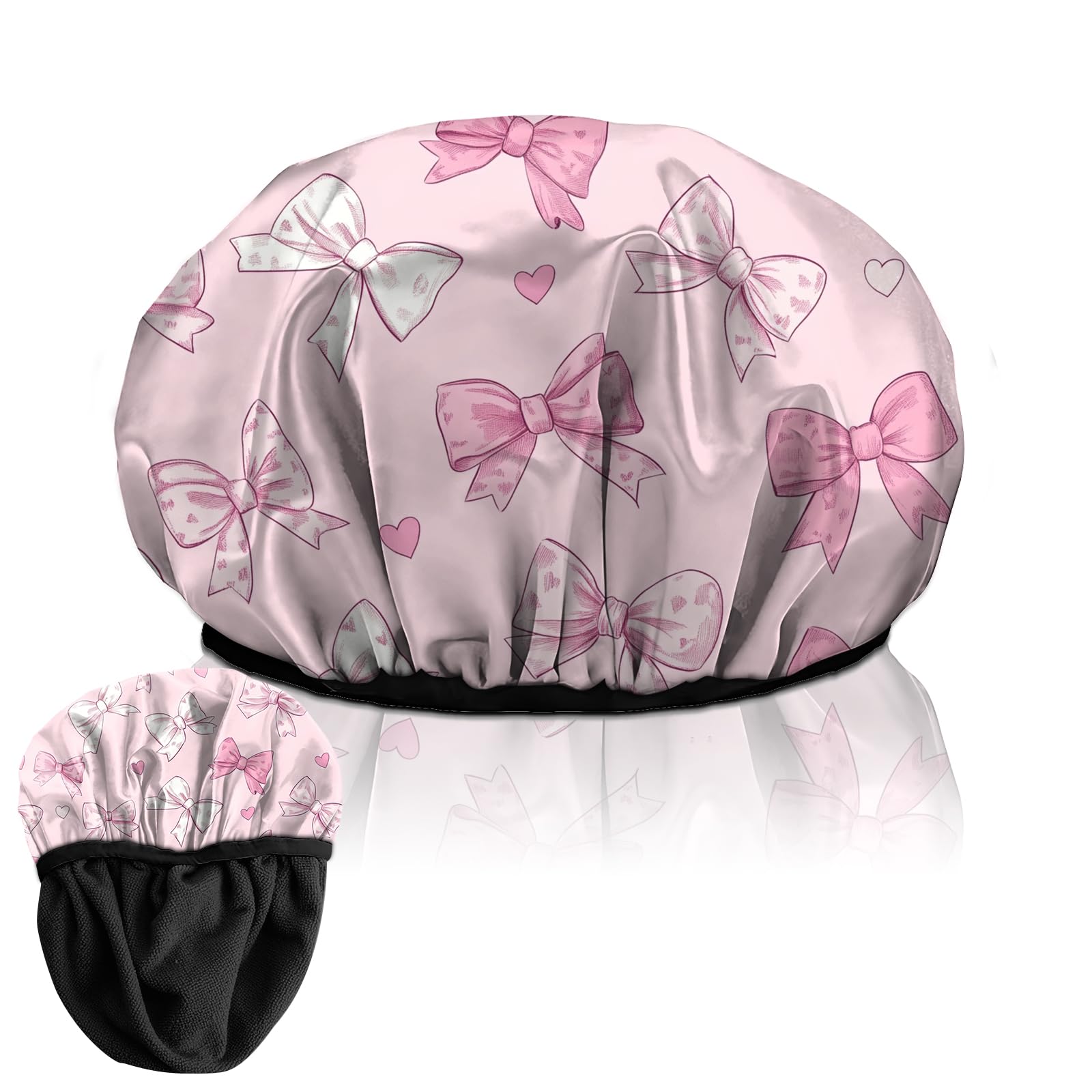 Deokke Duschhaube, wiederverwendbar, dreilagig, elastisch, wasserdicht-Luxus Duschhaube mit Terrystoff-Futter zum Haar trocknen, niedlich für Frauen und Mädchen (F6-rosa Schleife)