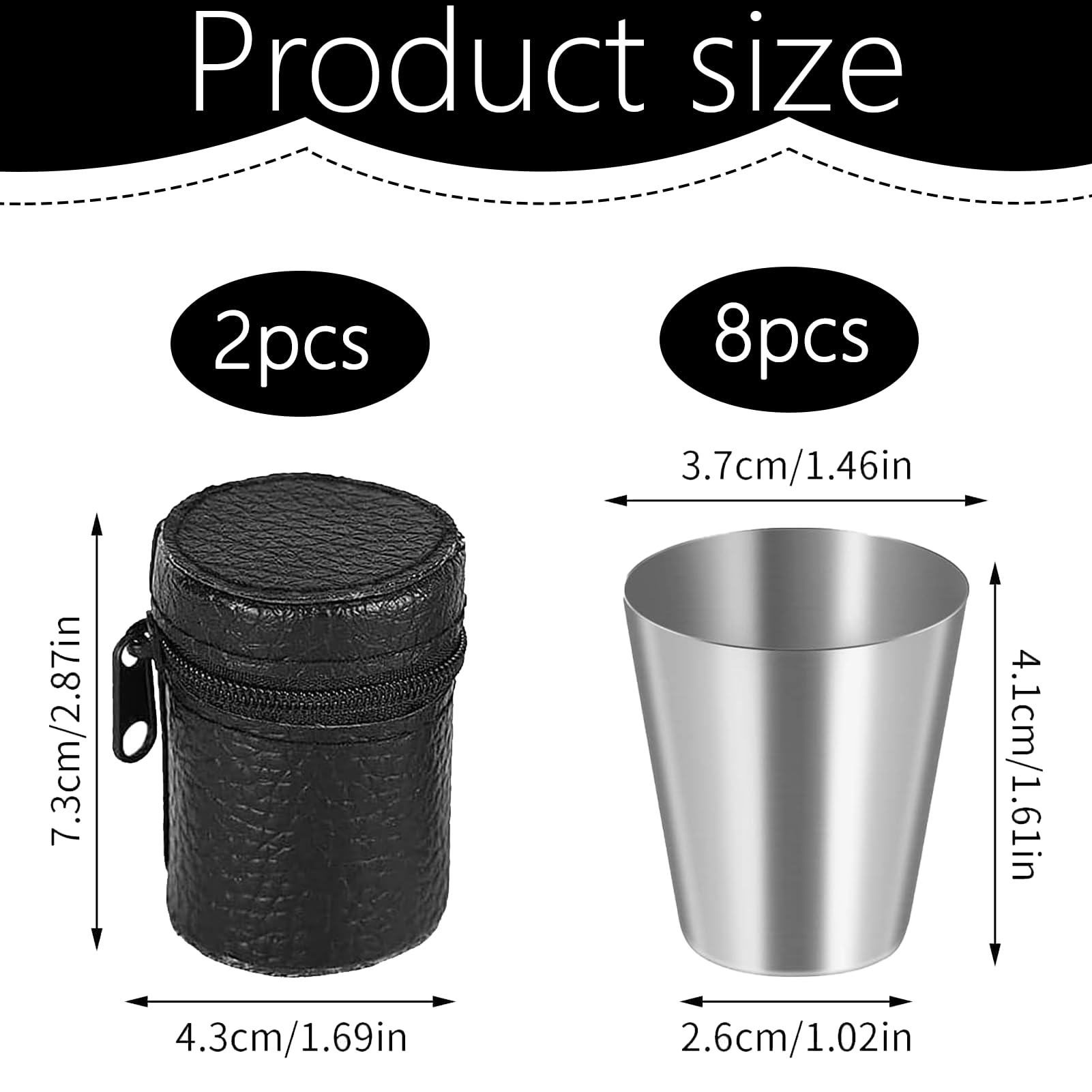 8 bicchieri in acciaio inox, 30 ml, impilabili, piccoli bicchieri in acciaio inox, impilabili con 2 custodie in pelle con chiusura lampo, per campeggio, picnic, escursionismo