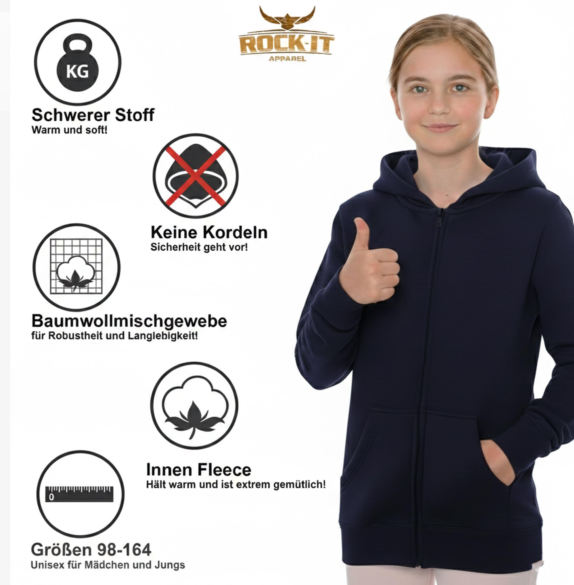ROCK-IT Apparel dziecięca kurtka z kapturem i zamkiem błyskawicznym, bluza, sweter, rozmiary 98-164, unisex, miękka i wytrzymała tkanina premium