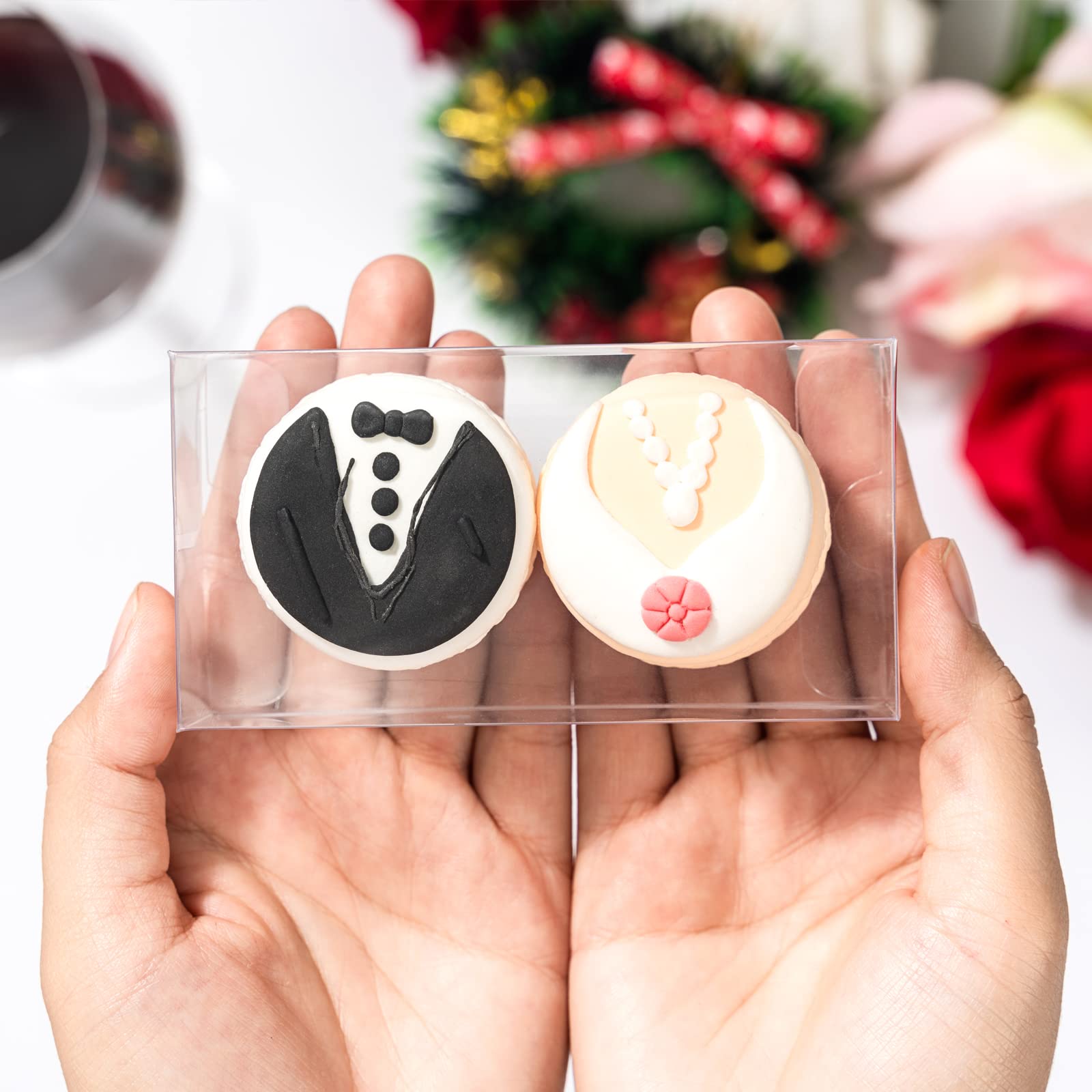 RomanticBaking Macaron-Boxen für 2 Mini-Leckerli-Boxen mit Schokoladenüberzug, Schokoladentrüffel, Broweine und Gebäck, 10,6 x 5,5 x 3,5 cm, 50 Stück
