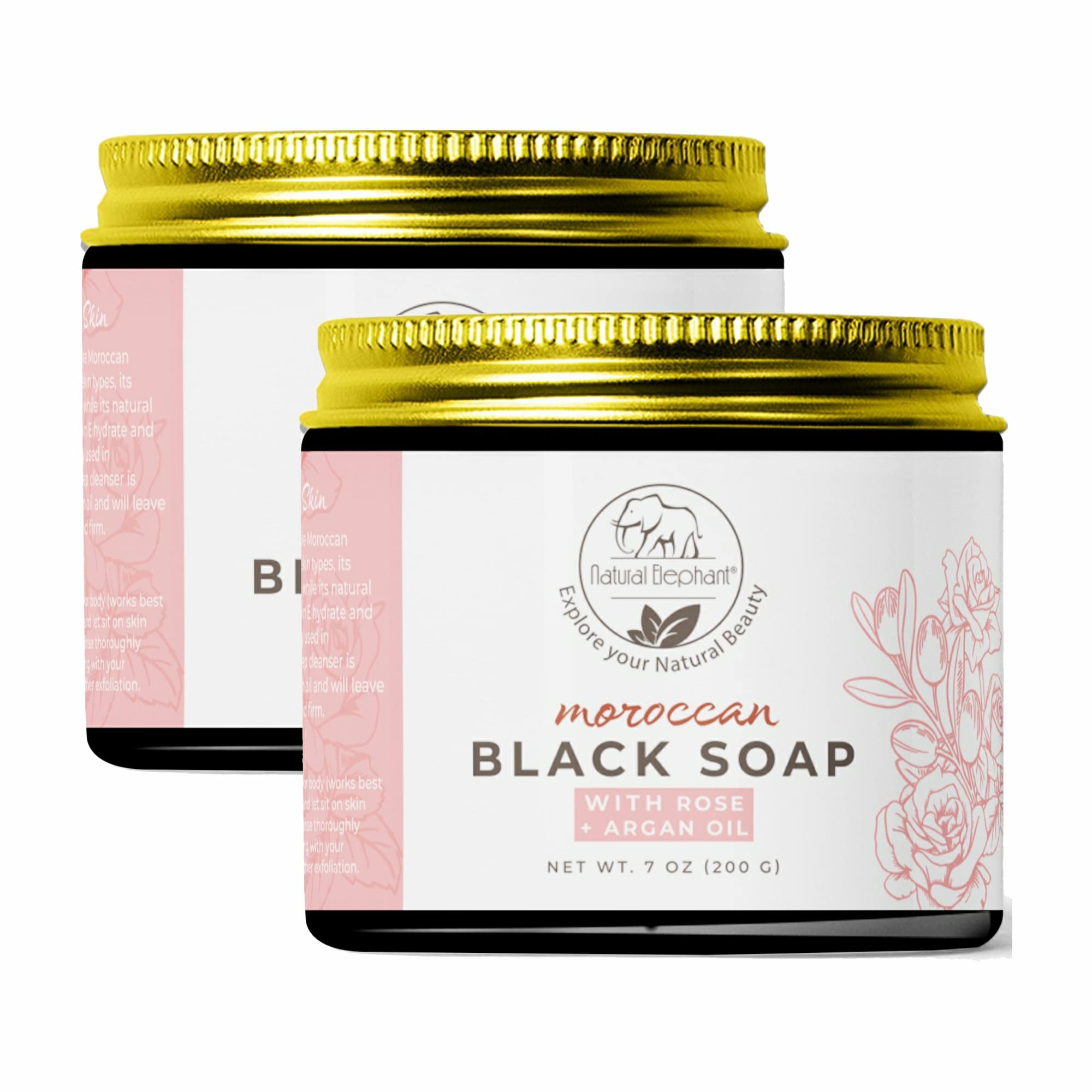 Natural ElephantMoroccan Black Soap With Rose and Argan Essential Oil 200g (7oz) Pack of 2
