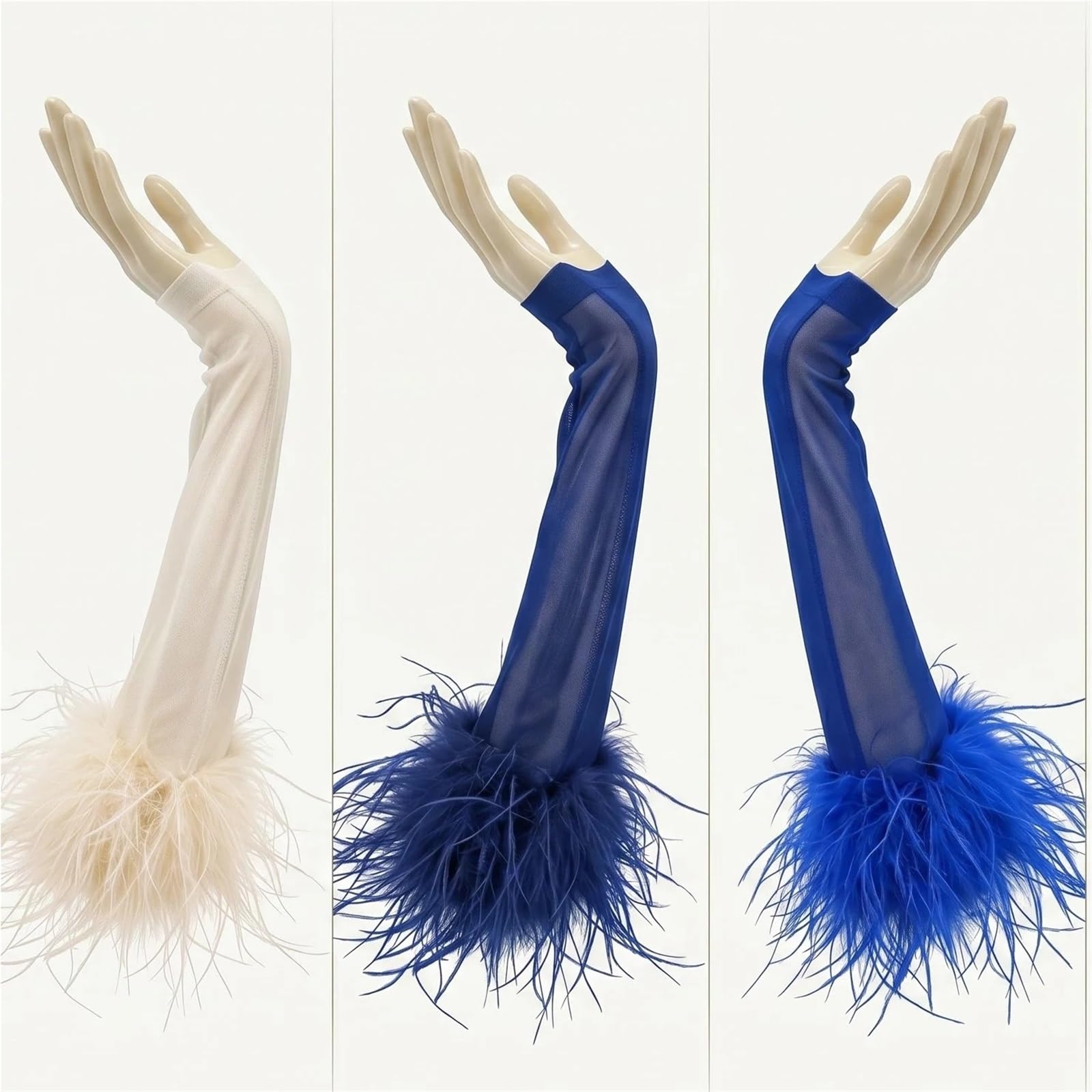 Guante de plumas avestruz, malla transparente, largo y esponjoso
