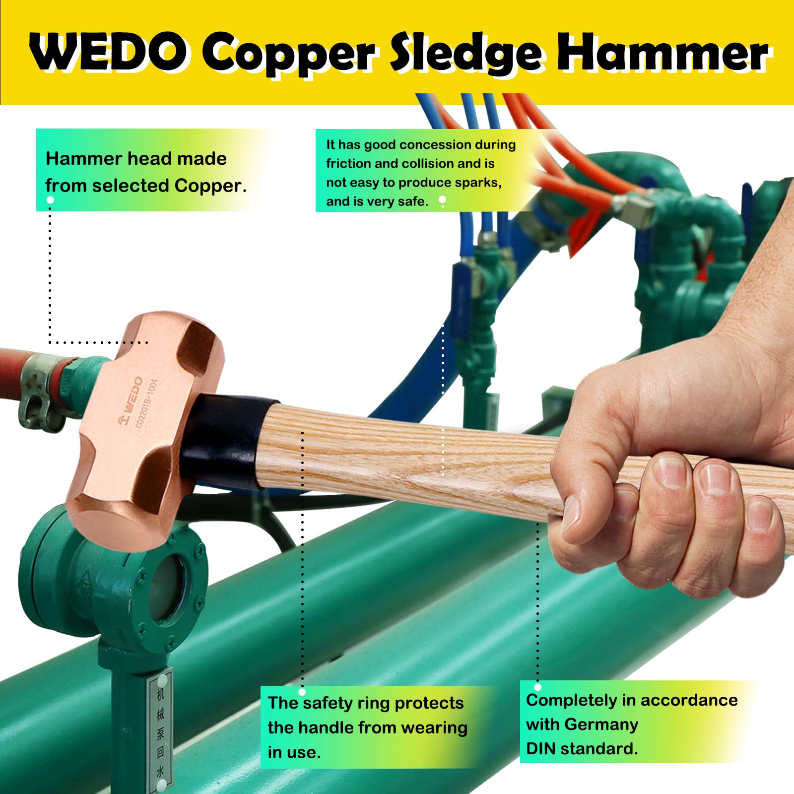 WEDO Kupferhammer,450g Kopfgewicht,310mm Länge, mit Holzgriff, langer gerader Griff, verstärkte Kopf-Griff-Verbindung, für Gartenarbeit und Bauwesen