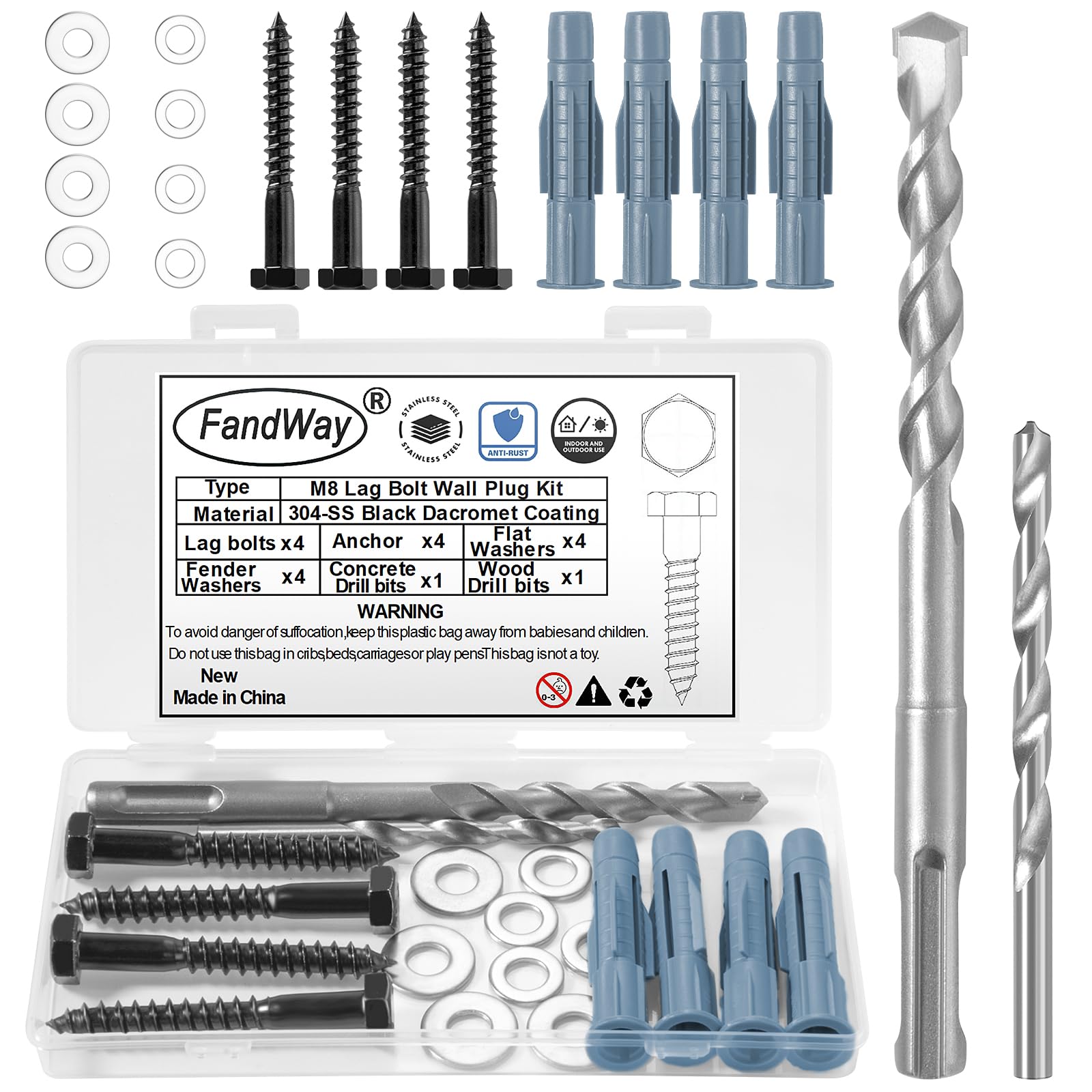 FandWay M8 Lag Bolt Wall Plug Kit,Black Heavy Duty Fixing Screws 304 Stainless Steel Coach Screws With Anchors 2 Drill Bits Washers For TV Mounting Bracket Water Heaters Cabinet Installation