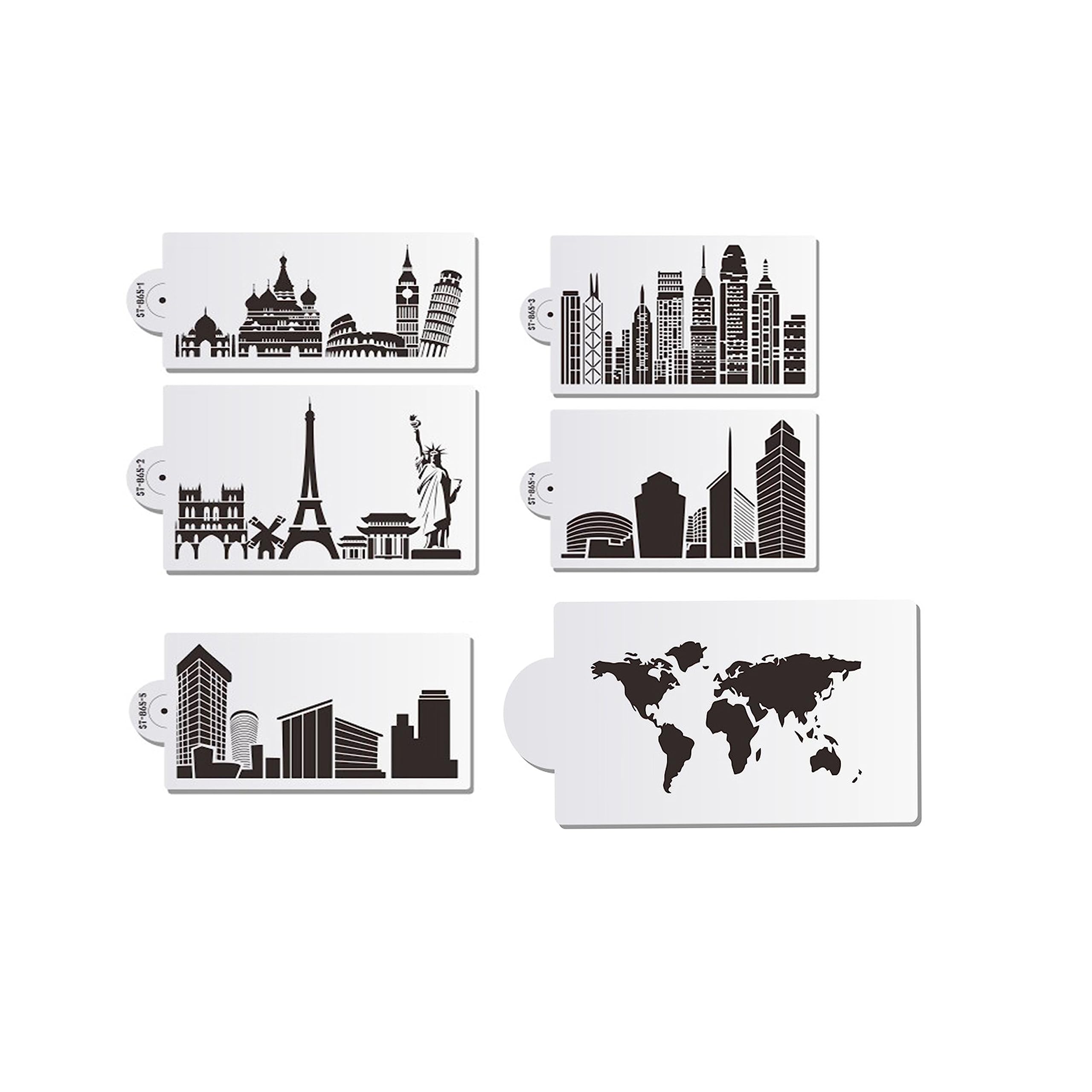 Leadigol 6 Pcs Cake Stencil, Landmark Building Pattern Baking Tools, Dessert Baking Buttercream Icing Mould. Reusable Spray Fondant Cookie Stencil, Baking Stencils, Craft Painting Stencil