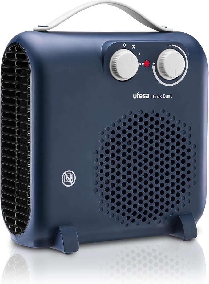 Ufesa Crux Dual Calefactor de 2000W, 3 Niveles de Potencia, Termostato Regulable, Uso Plano y Vertical, Función Ventilación, Azul