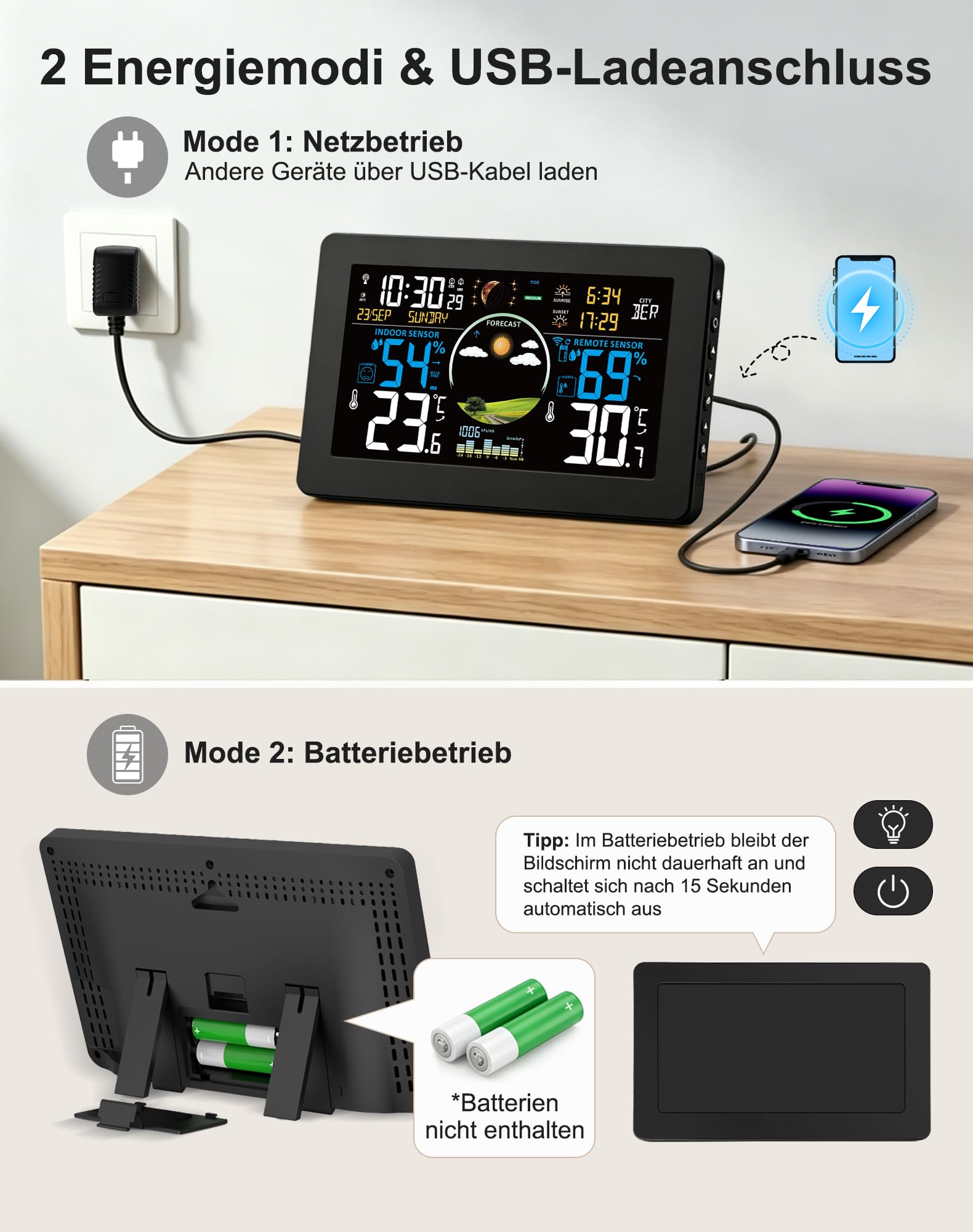 VIFLYKOO Wetterstation Funk mit Außensensor, Thermometer & Hygrometer, Wettervorhersage, Luftdruck, DCF Funkuhr, VA-Display, Batterie- & Netzbetrieb, für Innen & Außen, Schwarz