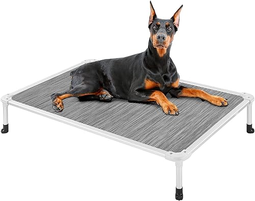 Veehoo Cama elevada para perros a prueba de mordidos, cuna elevada para mascotas, marco de aluminio plateado y tela de malla de textileno duradera,