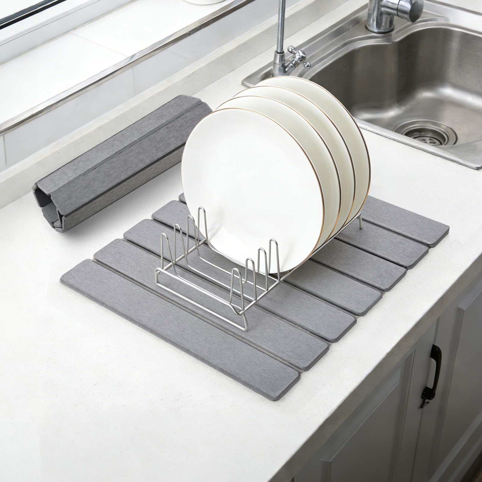 comfoyar Large Stone Dish Drying Mat for Kitchen Counter, Quick Dry Diatomaceous Earth Dish Drainer Matt, Water Absorbing Pad for Dishes Bottles Cups Utensils, Foldable, 40×30cm, Grey
