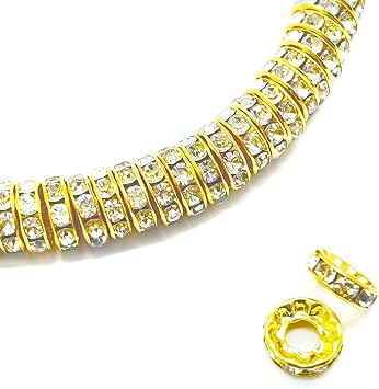 100pcs Large Hole Rhinestone Spacer Beads 10mm Gold Plated Czech Crystal Rhinestone for DIY Jewelry Making Charms Bracelet Gold
