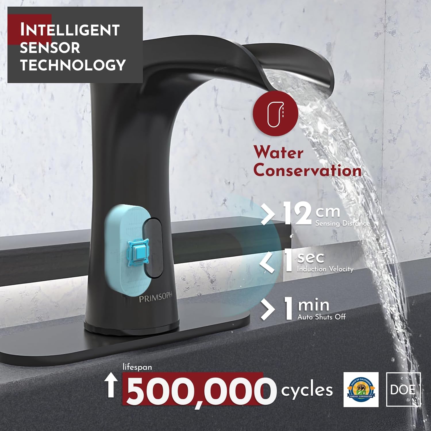 PRIMSOPH Waterfall Automatic Motion Sensor Hands Free Electronic Infrared Smart Commercial Touchless Bathroom Sink Faucet with Cover Plate Temperature Mixer Battery or Plug-in Powered Matte Black