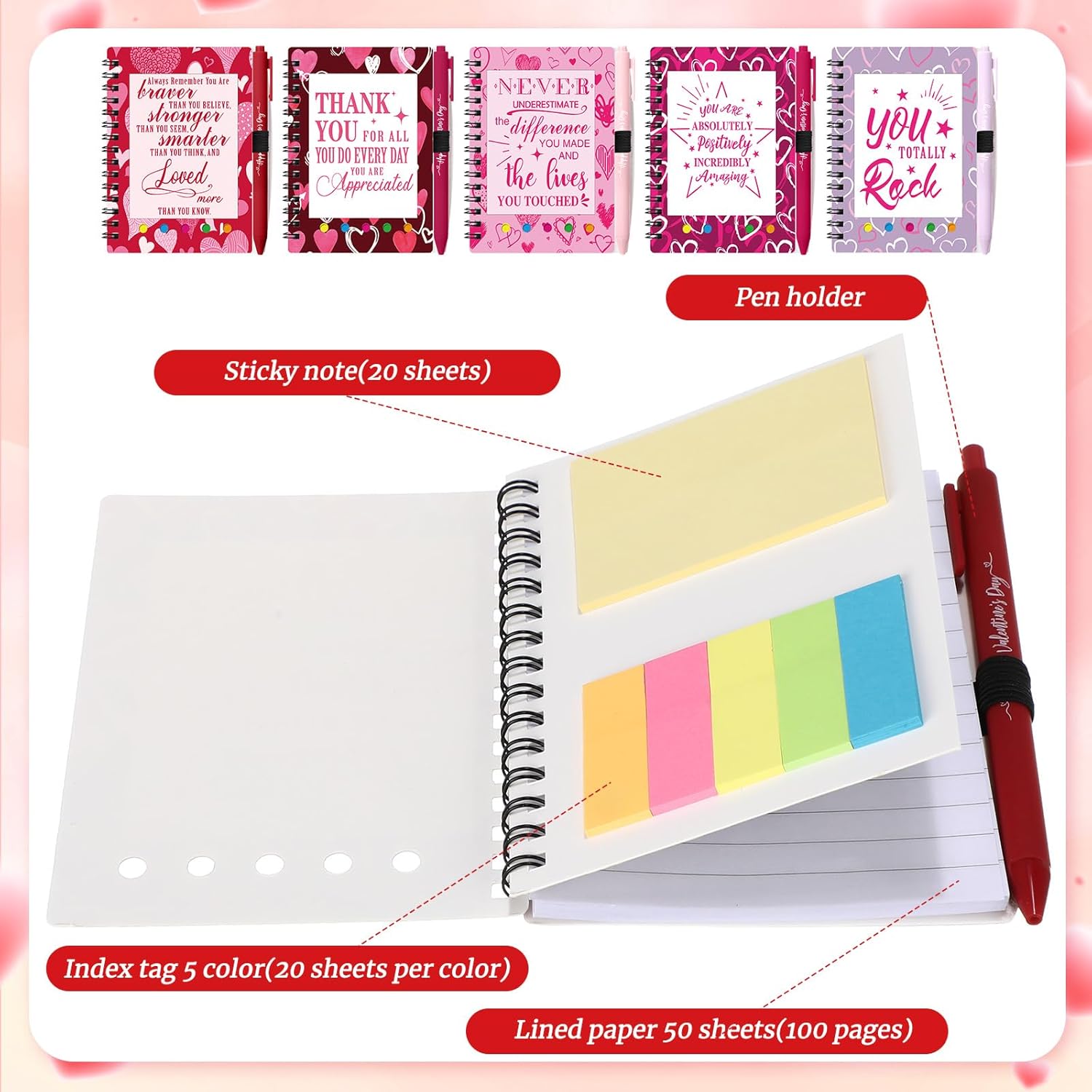 Resurhang 20 Pcs Valentines Appreciation Gifts Bulk Spiral Notebooks with Sticky Notes Motivational Pens Valentine Notepads for Coworkers Employee Office Team Party Supplies (Inspirational)