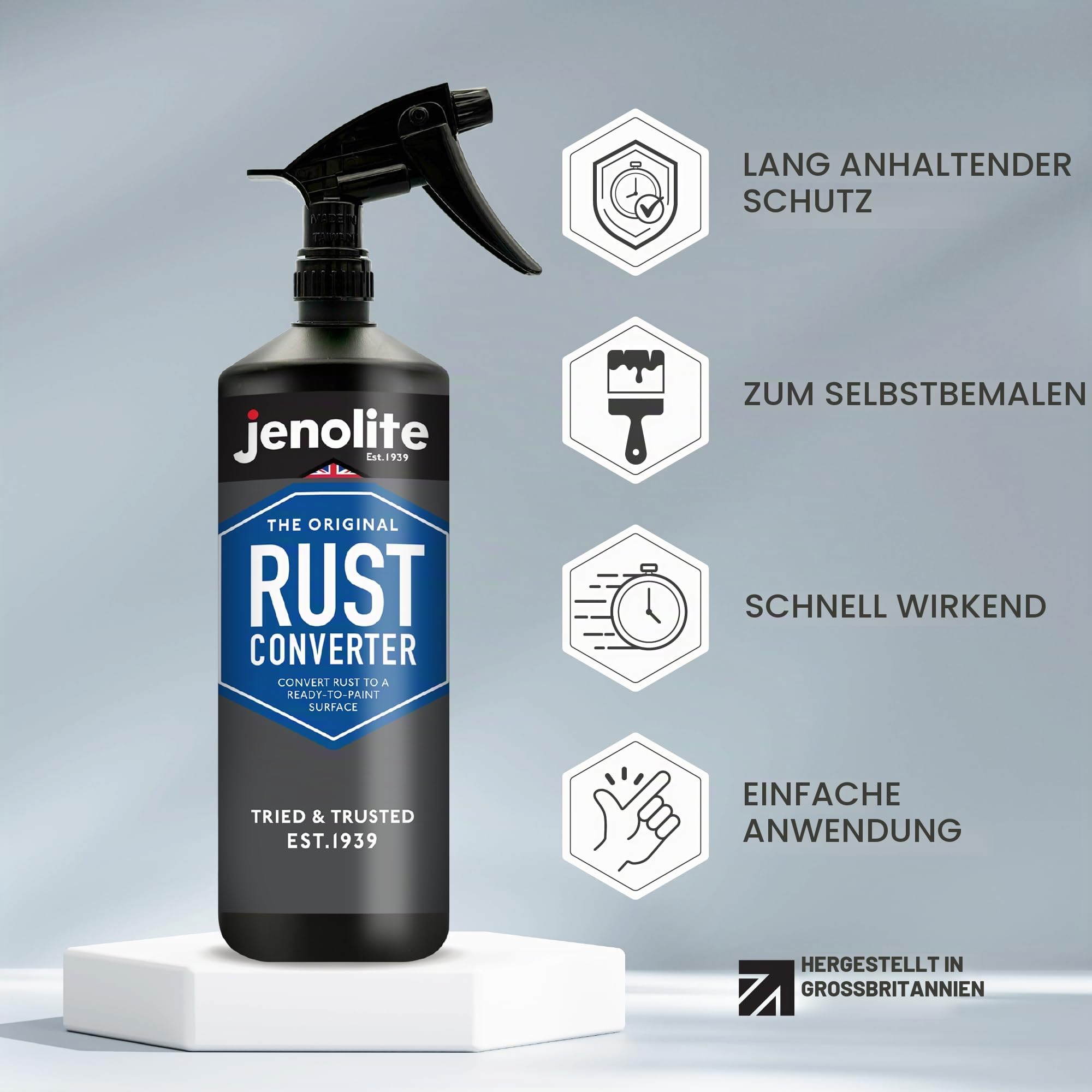 JENOLITE- Rostumwandler Spray mit Dispenser. Einfach aufzutragen, kein Abspülen oder Abwischen erforderlich. Inhalt: 1 Liter
