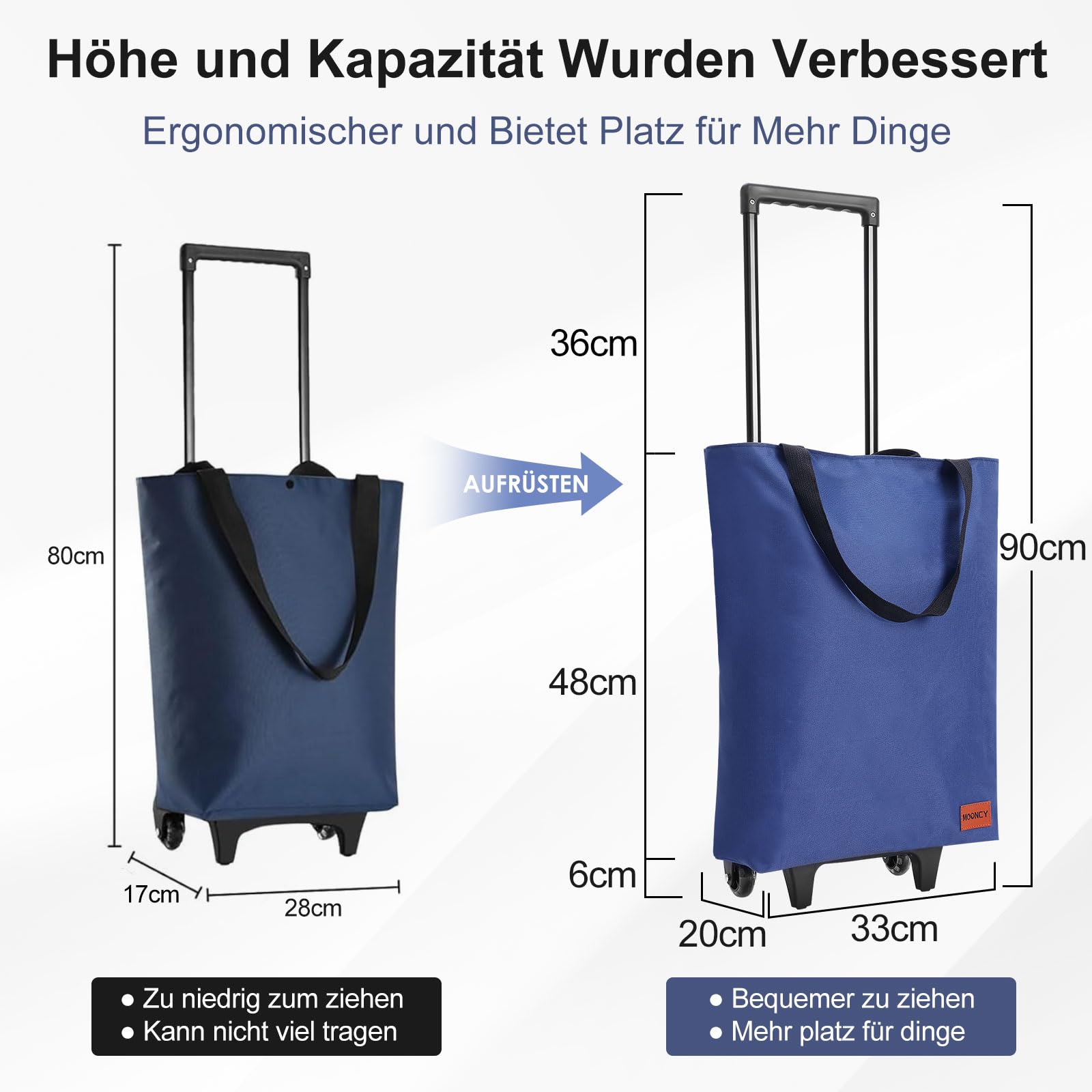 MOONCY Trolley per la spesa, 2 in 1, grande borsa per la spesa su ruote, leggero, pieghevole, per campeggio e viaggi, con risolvente per carrello della spesa, blu