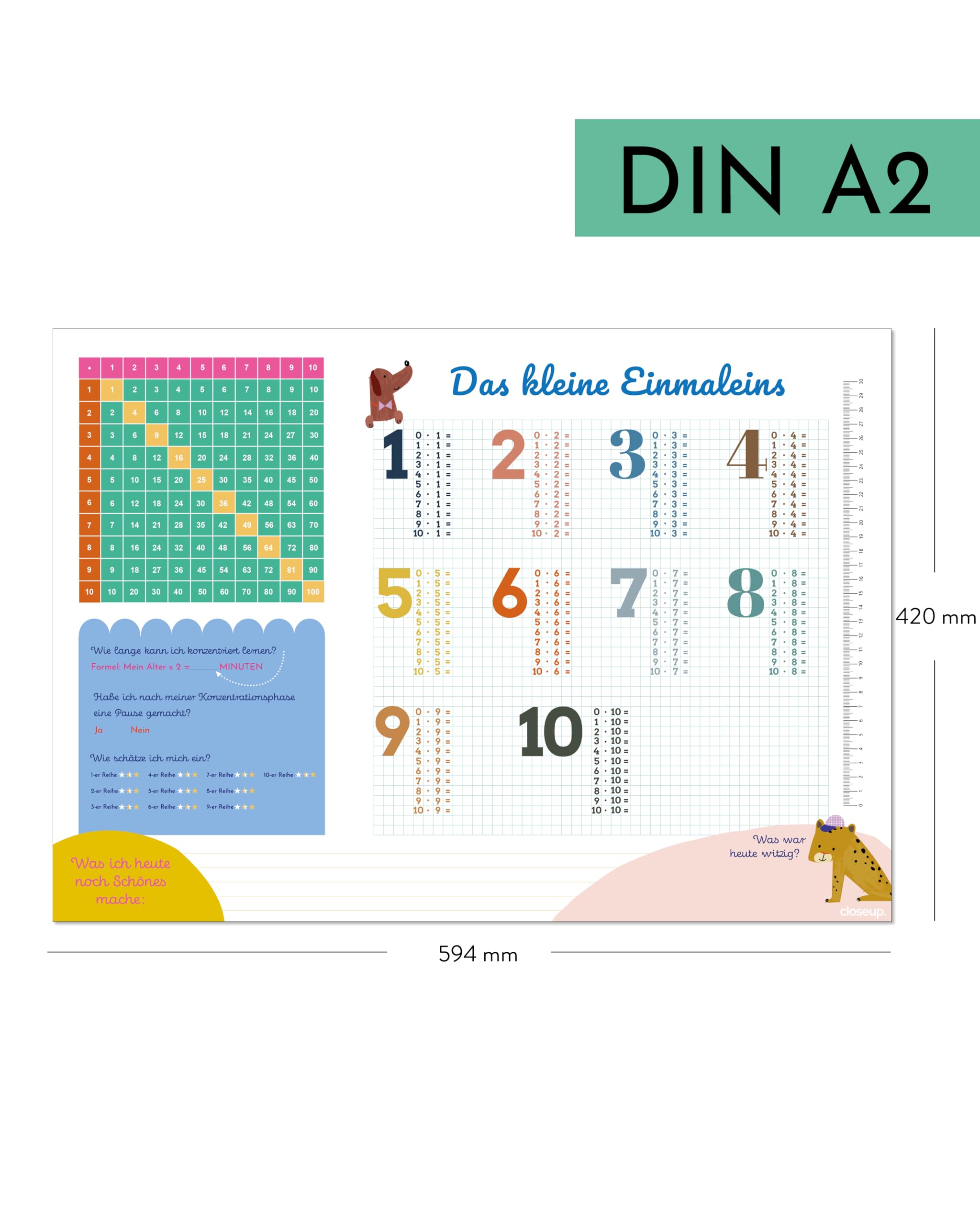 1x1 Schreibtischunterlage DIN A2 – Das kleine Einmaleins für Kinder | Lernunterlage mit Pausenrechner, Selbstkontrolle & Mathe-Tabelle | 25 Blatt | Made in Deutschland