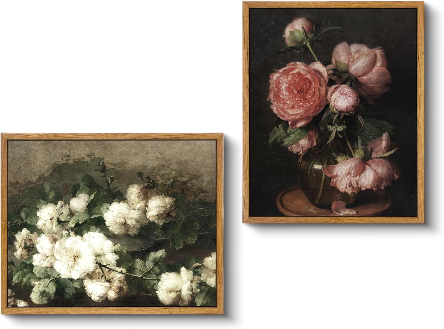 VIYYIEA Two Vintage Framed Wall Art, Peony and White Flower Painting Decor Aesthetic, Small Canvas Print Artwork, Retro Floral Wall Pictures for Bedroom Barthroom Living Room, 9x11 Inch,Set of 2