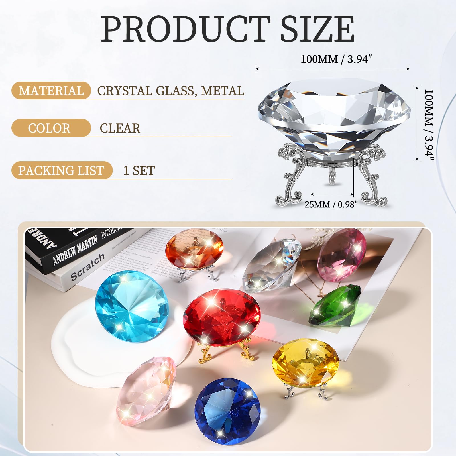 PATIKIL Diamond Crystal Paperweight, 100mm / 3.94" Crystal Paperweight Paper Weight with Silver 25 Metal Base for Home Office Desktop Table Decor Wedding Party Ornaments, Clear - Image 2