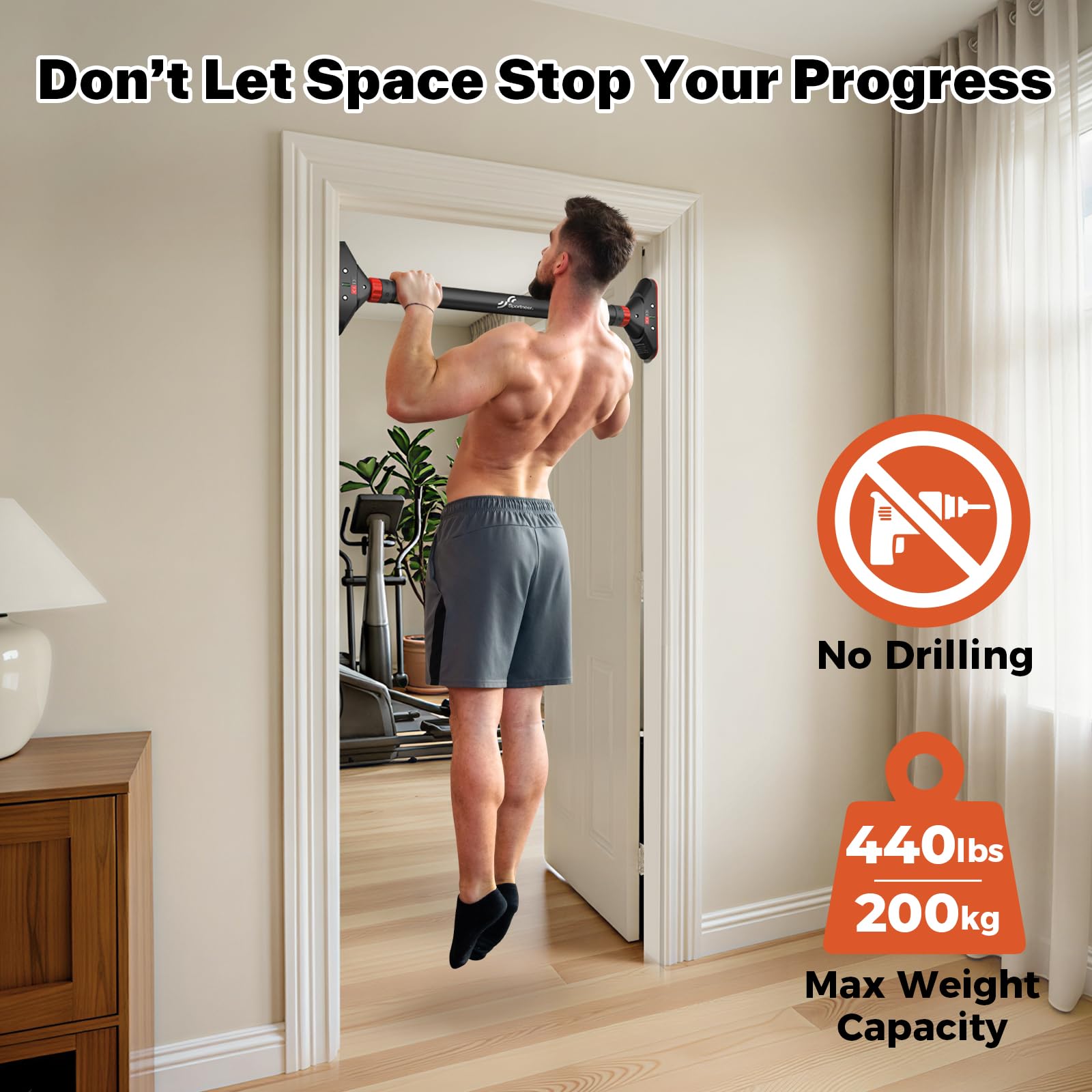 Sportneer Barra per trazioni e trazioni, senza viti, telaio per porta, barra per flessioni, regolabile, 75-94 cm, capacità fino a 200 kg