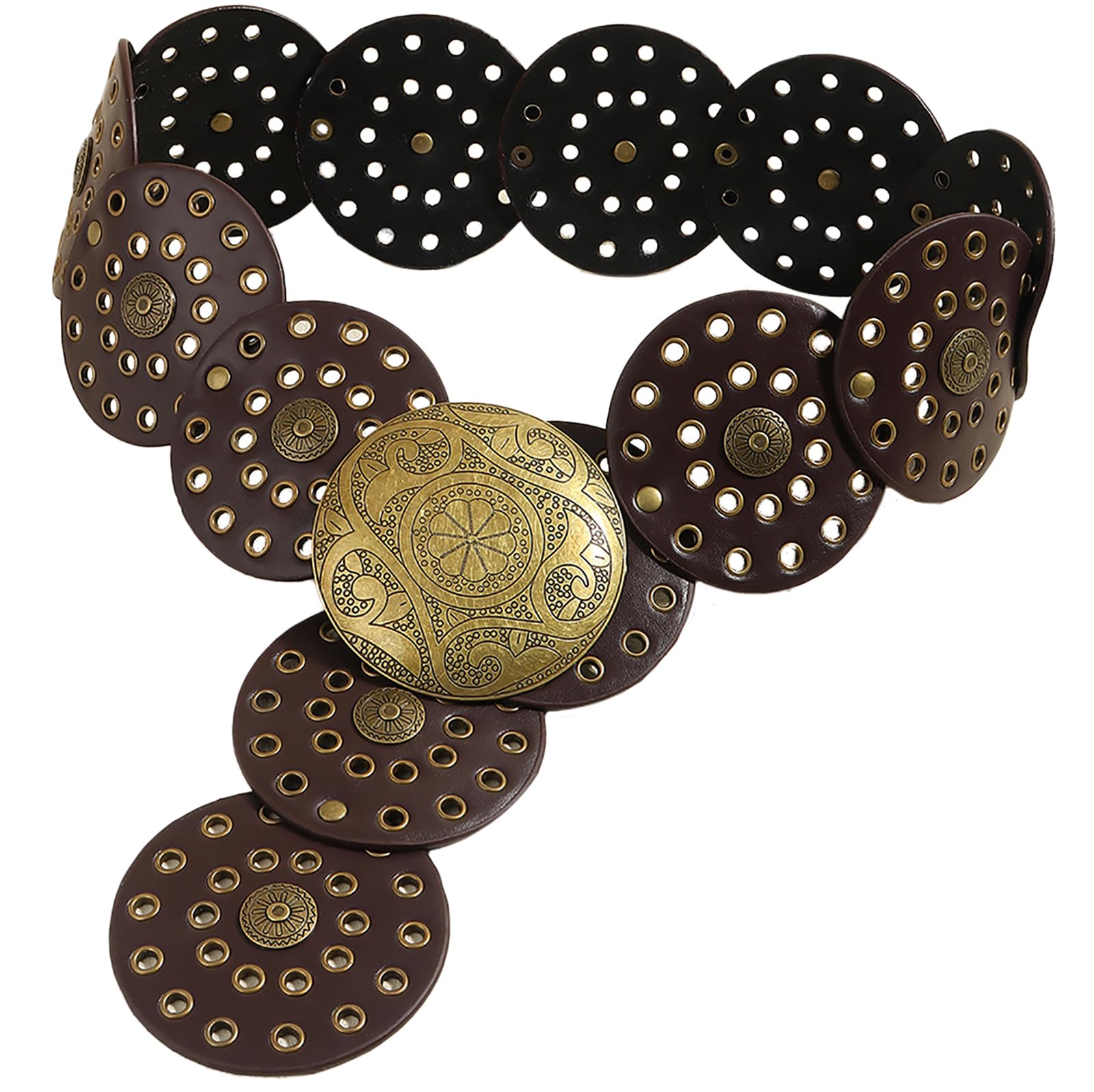 Cinturón de disco ancho hueco para mujer, cinturón redondo de cuero con hebilla de metal, suave, duradero, vintage, cinturones de cintura occidentales