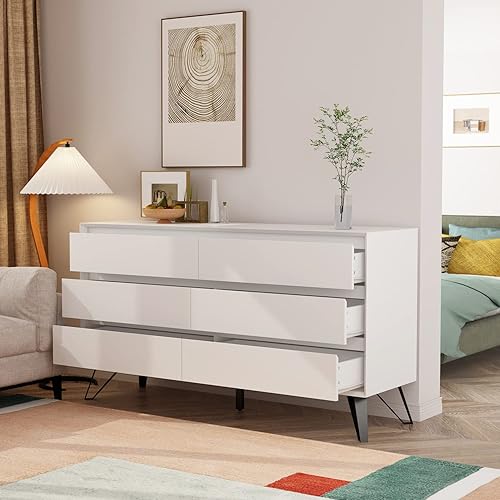 Miniatura 3 de Homsee Cómoda doble de 6 cajones con patas de metal cómoda de madera moderna con gran espacio de almacenamiento para dormitorio color blanco 514