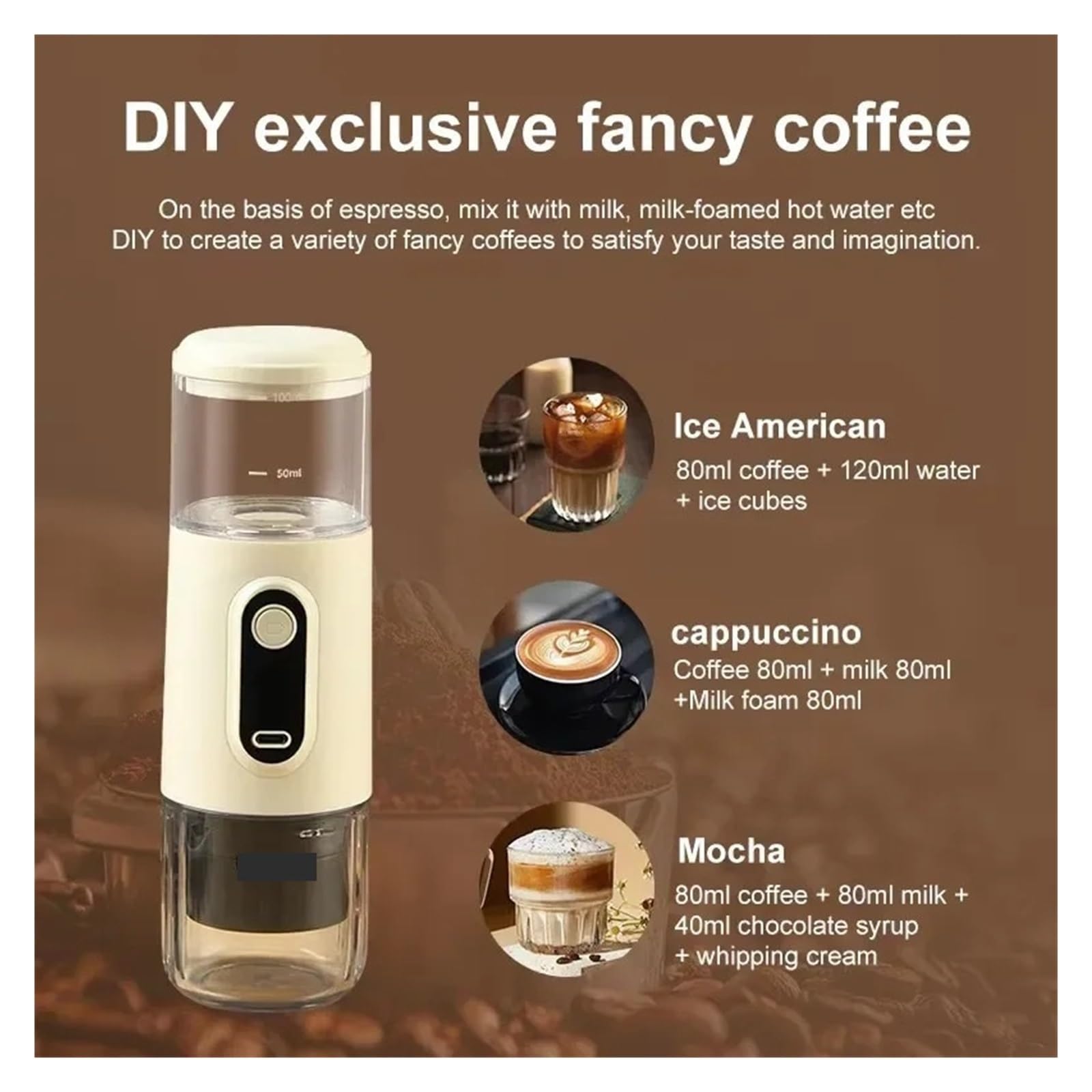 EDEDE Macchina da caffè Espresso Portatile, Macchina for caffè Italiano Portatile Senza Fili, Macchina elettrica for Capsule Concentrate for casa, all'aperto, Ricarica Rapida per Viaggi, Campeggio