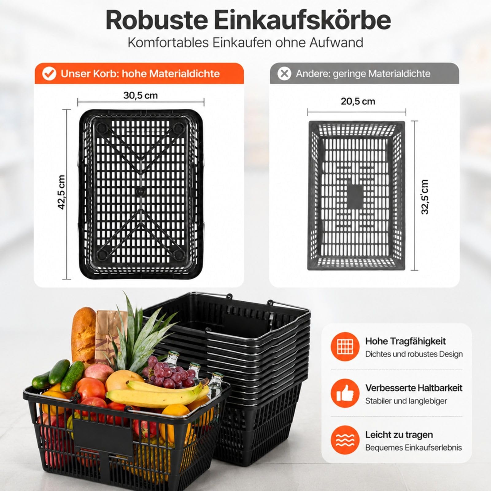 Einkaufskorb aus Kunststoff, 12er-Pack, 21 L, schwarz, stapelbar, mit Metallgriffen, engmaschige Struktur, für Lebensmittelgeschäft, Einzelhandel und Supermarkt