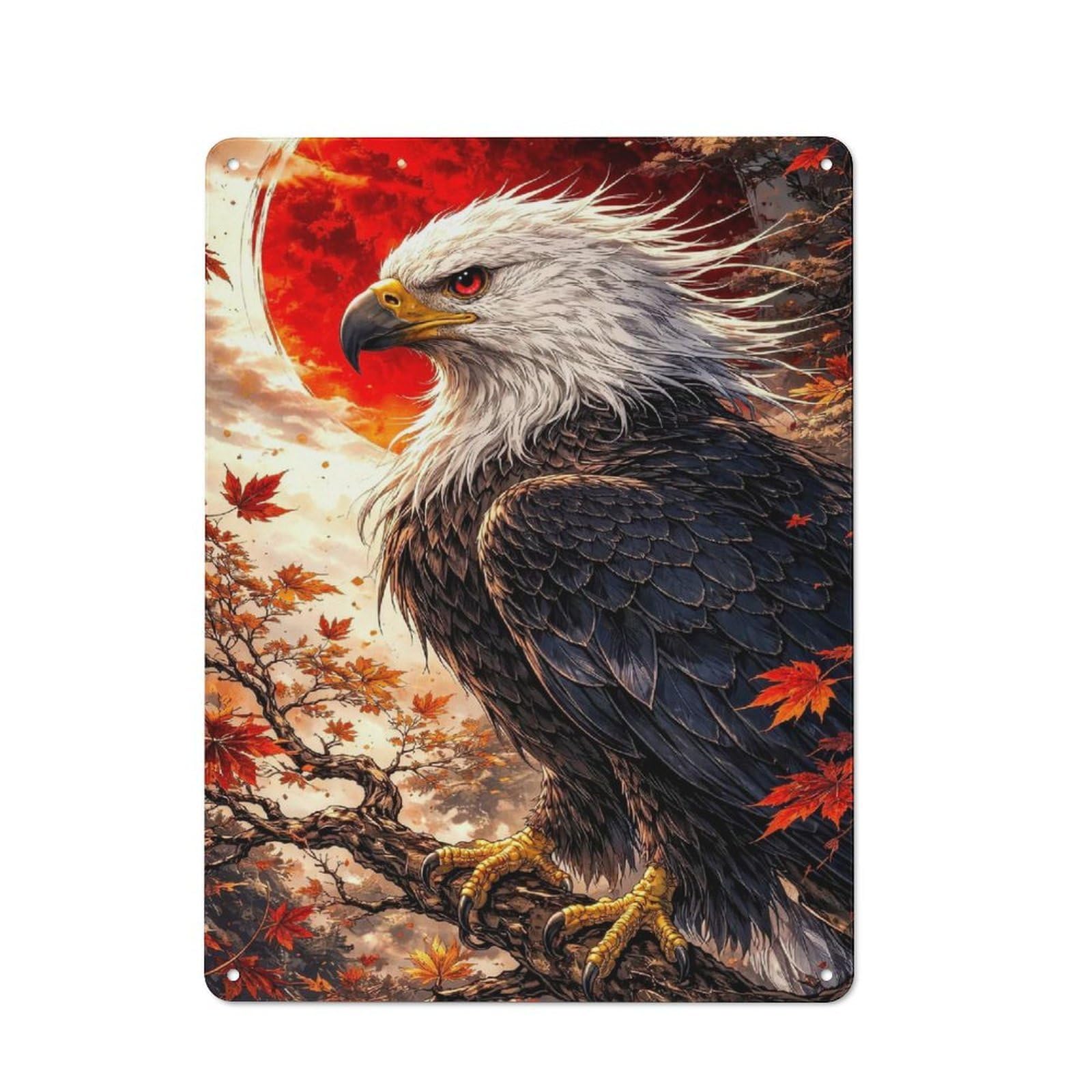 Junmoney Style-11 Majestic Eagle With Red Moon Tin Wall Sign 40X30cm, Loft Style Industrial Wall Decor For Loft, Studio, Office Or Creative Room