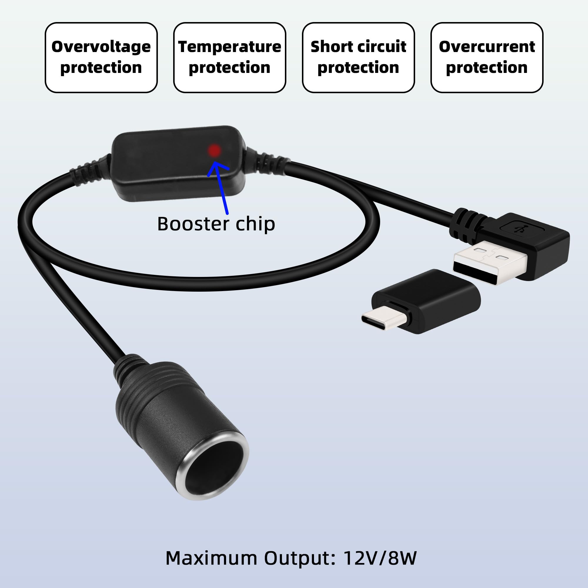 RIIEYOCA Spina USB a Cavo Accendisigari 12V, Adattatore Accendisigari Maschio-Femmina ad Angolo Retto da 5V a 12V a 90 Gradi per Telecamera Cruscotto, Rilevatore Radar, GPS (1,2M/4FT