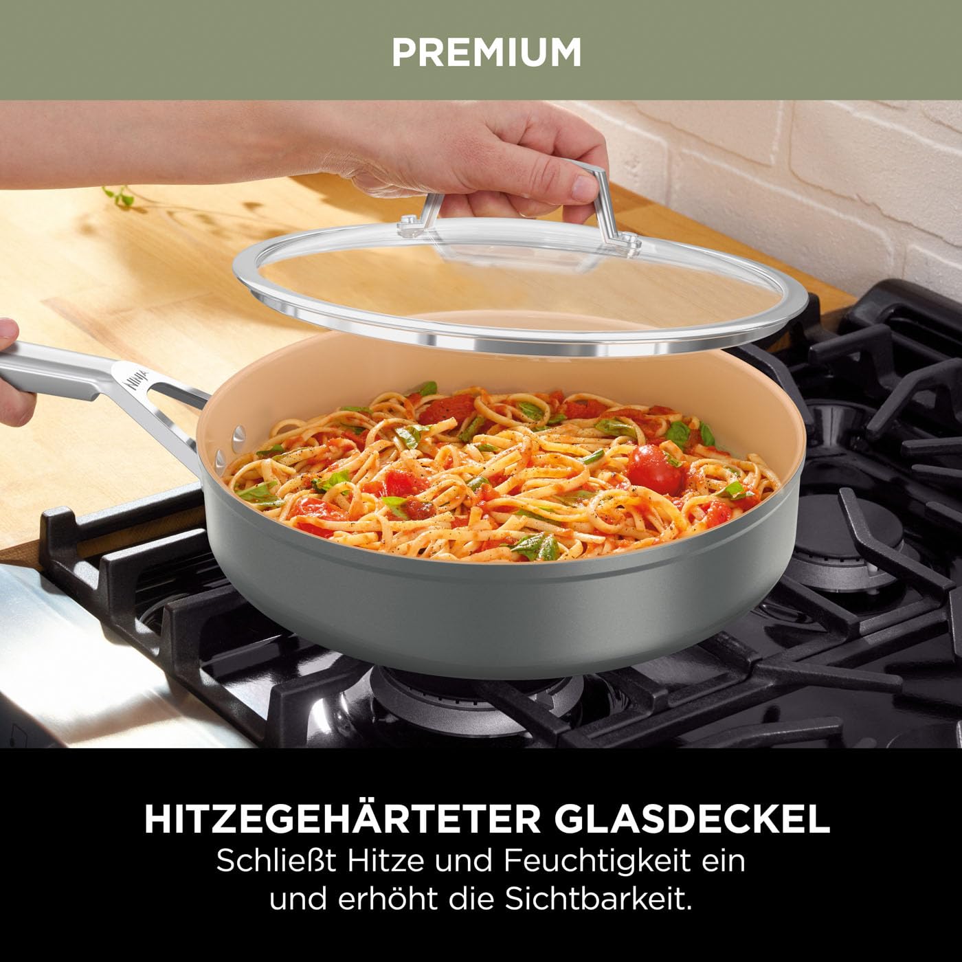 Ninja Extended Life Keramic Kochset 5-teilig Backofenfest CW95000EUUKDB | Grau & Terracotta, (20 & 24 cm Sauteuse + 16, 18 & 20 cm Töpfe & Deckel) Antihaftbeschichtet (ohne PFAs PFOAs, Blei, Cadmium)